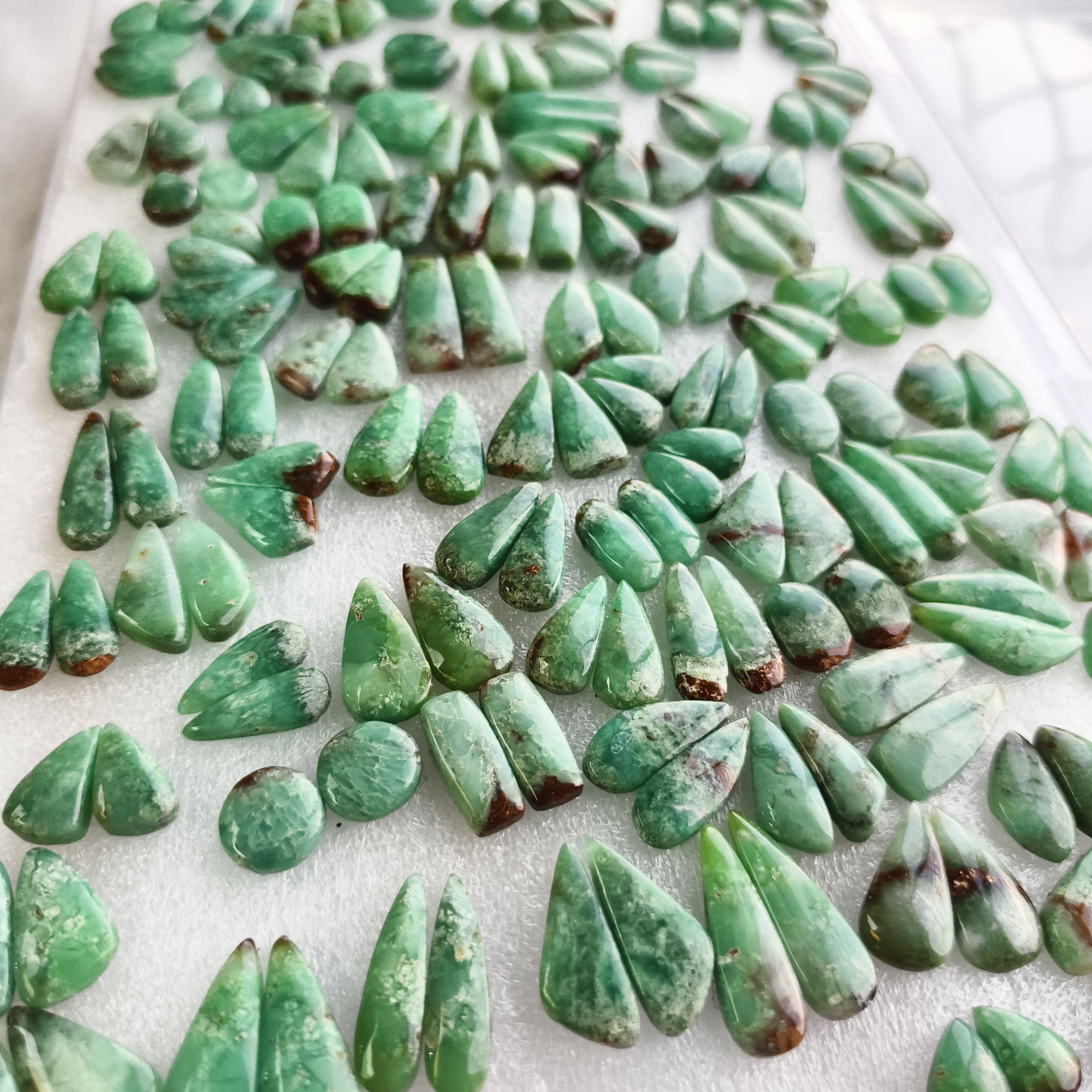 Natural Green Chrysoprase Pair Matching Cabochon Gemstones for Earrings 11x11x5mm-28x10x5mm Loose Jewelry Stones 18Cts Average Weight