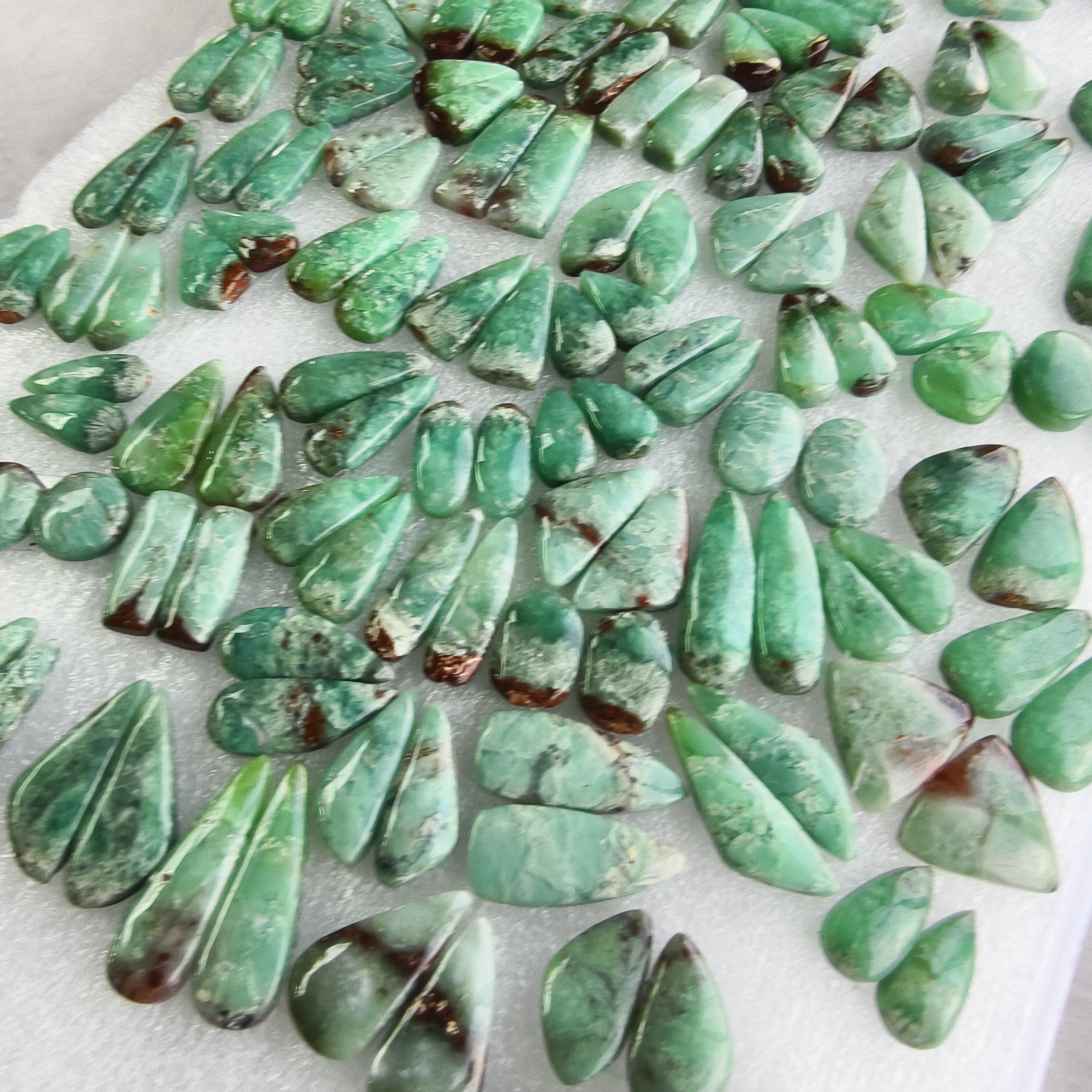 Natural Green Chrysoprase Pair Matching Cabochon Gemstones for Earrings 11x11x5mm-28x10x5mm Loose Jewelry Stones 18Cts Average Weight