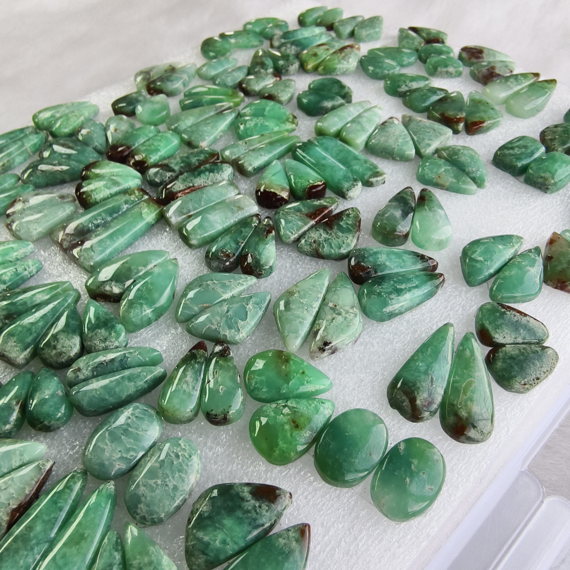 Natural Green Chrysoprase Pair Matching Cabochon Gemstones for Earrings 11x11x5mm-28x10x5mm Loose Jewelry Stones 18Cts Average Weight