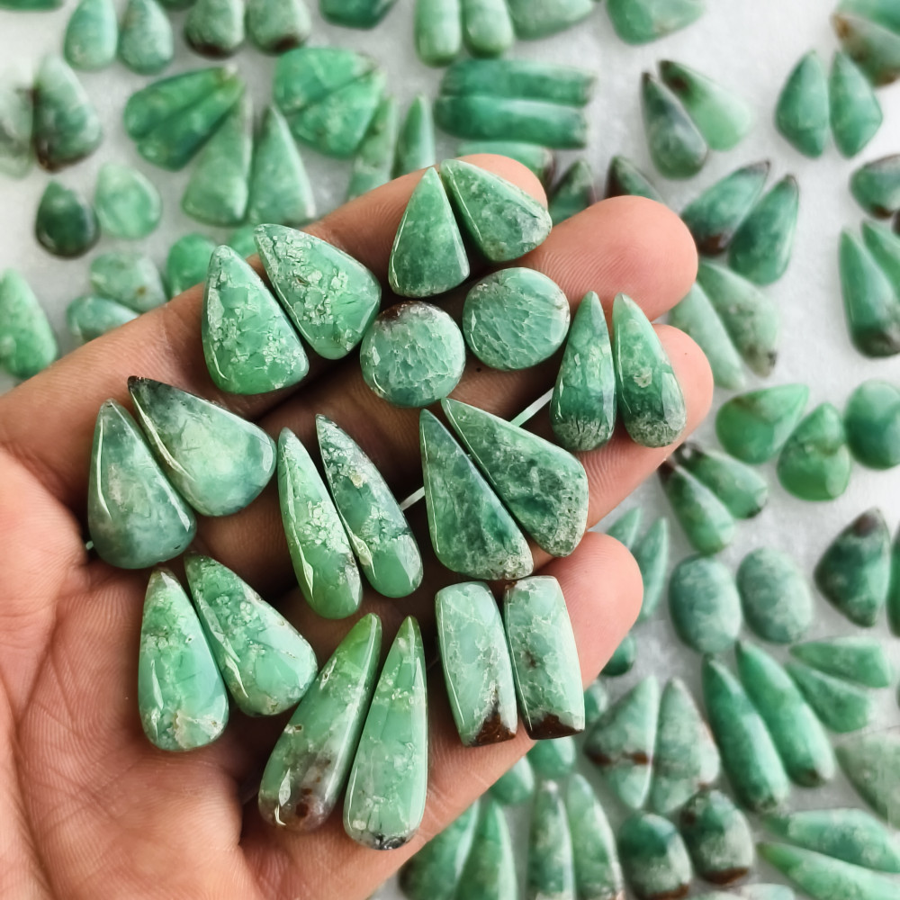Image of Natural Green Chrysoprase Pair Matching Cabochon Gemstones for Earrings 11x11x5mm-28x10x5mm Loose Jewelry Stones, 18Cts (Average Weight)