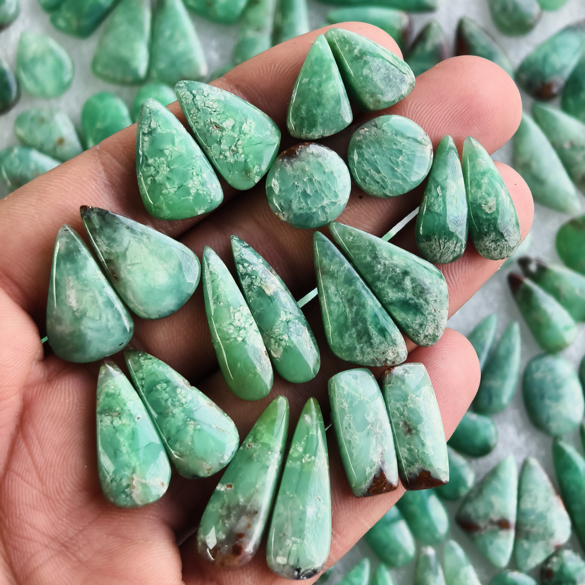 Natural Green Chrysoprase Pair Matching Cabochon Gemstones for Earrings 11x11x5mm-28x10x5mm Loose Jewelry Stones 18Cts Average Weight