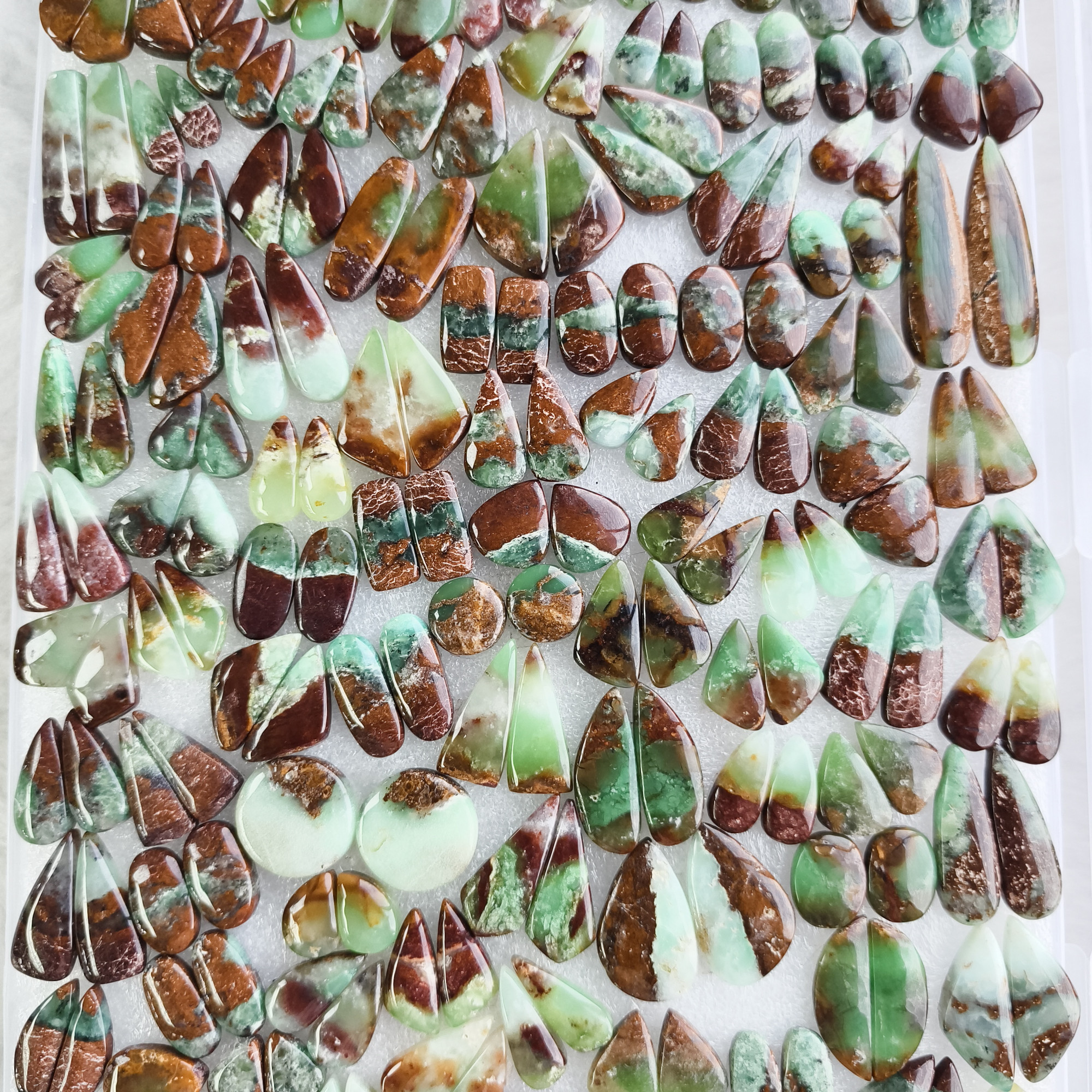 Natural Chrysoprase Cabochon Pair Green Gemstone Matching Earring Stones for Jewelry Making 15x9x5mm-42x12x5 mm 29Cts Average Weight
