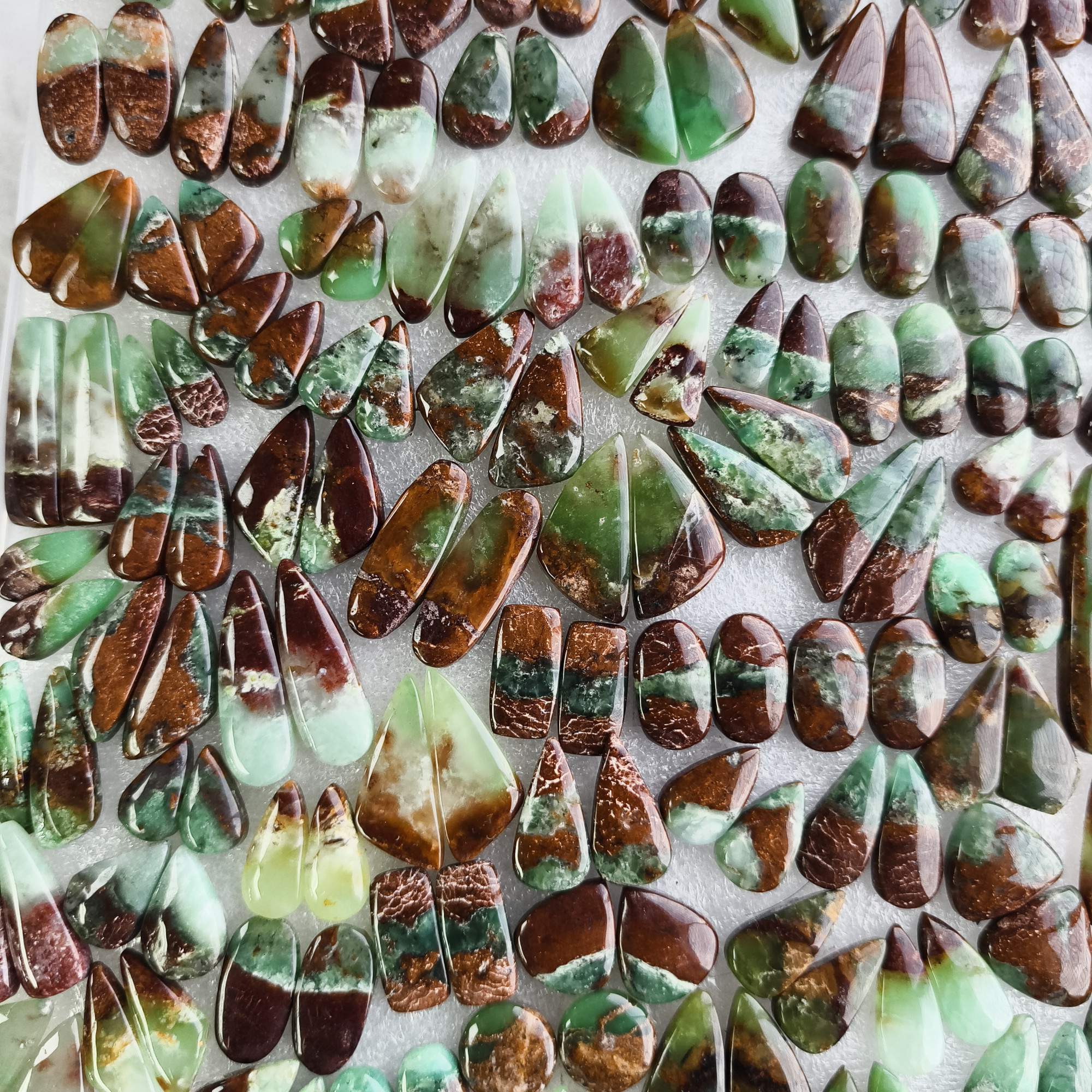 Natural Chrysoprase Cabochon Pair Green Gemstone Matching Earring Stones for Jewelry Making 15x9x5mm-42x12x5 mm 29Cts Average Weight