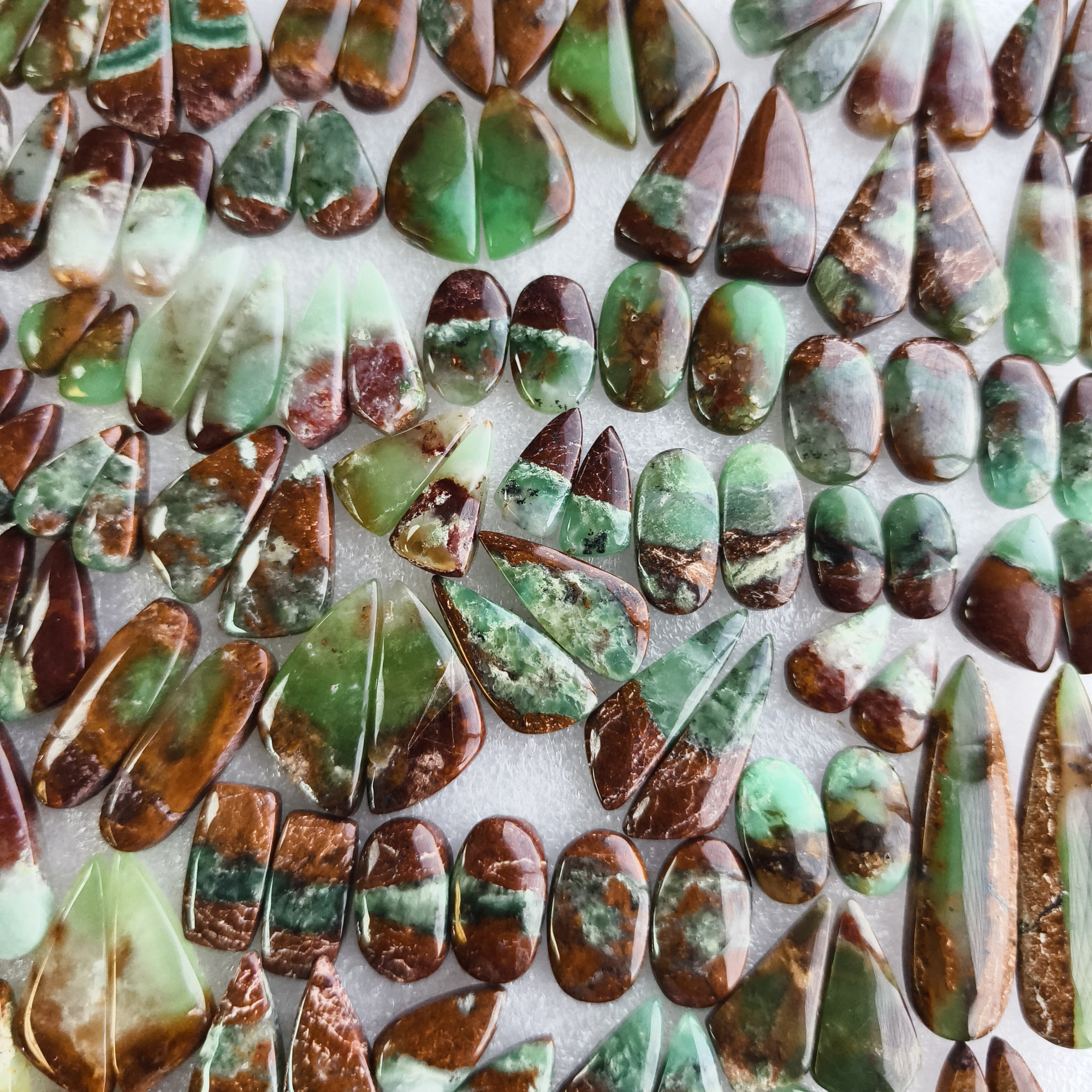 Natural Chrysoprase Cabochon Pair Green Gemstone Matching Earring Stones for Jewelry Making 15x9x5mm-42x12x5 mm 29Cts Average Weight