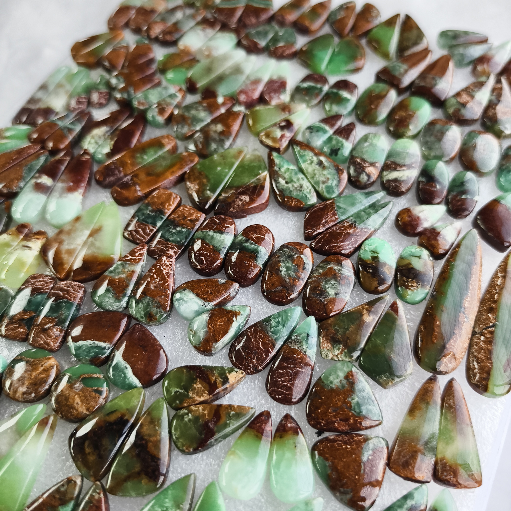 Natural Chrysoprase Cabochon Pair Green Gemstone Matching Earring Stones for Jewelry Making 15x9x5mm-42x12x5 mm 29Cts Average Weight