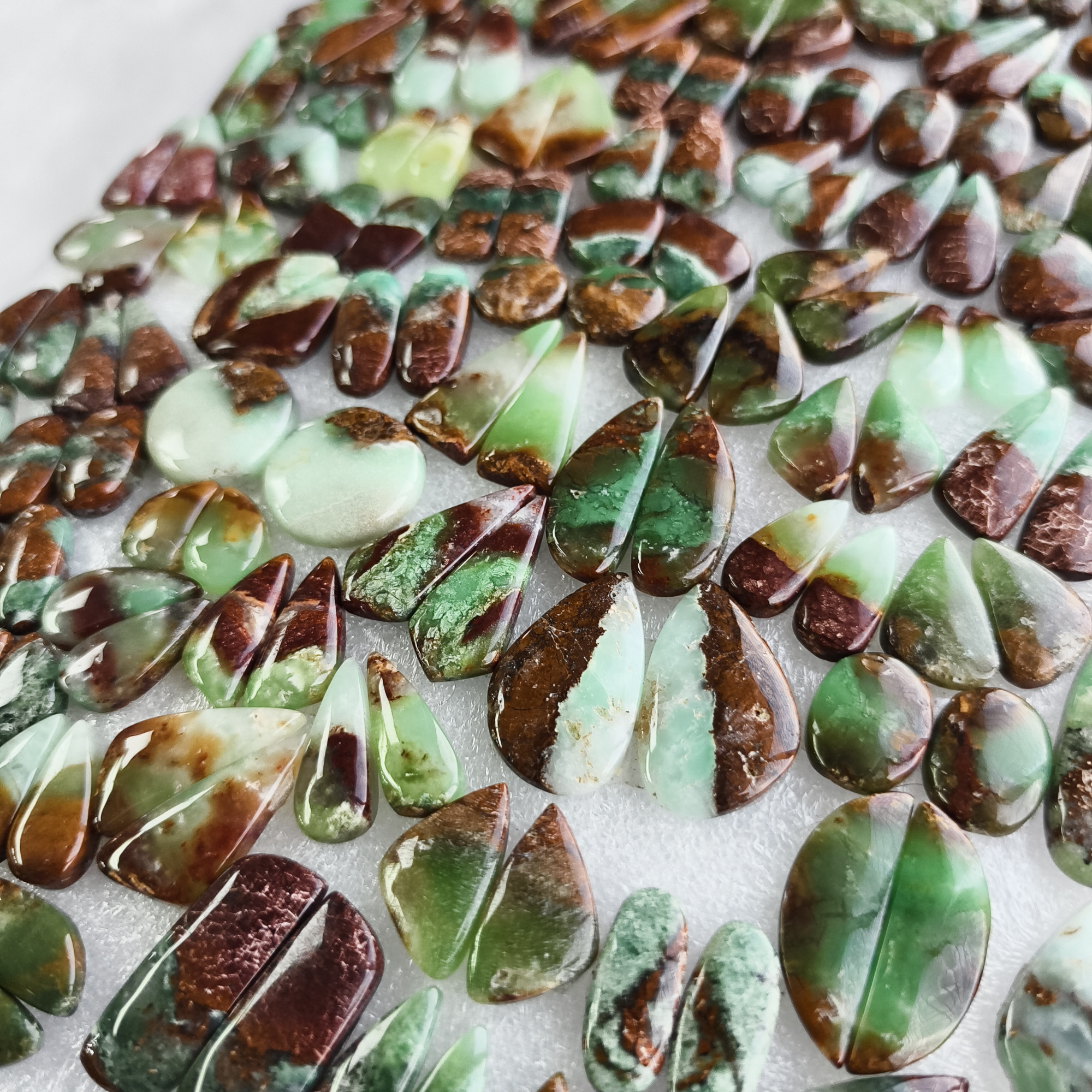 Natural Chrysoprase Cabochon Pair Green Gemstone Matching Earring Stones for Jewelry Making 15x9x5mm-42x12x5 mm 29Cts Average Weight