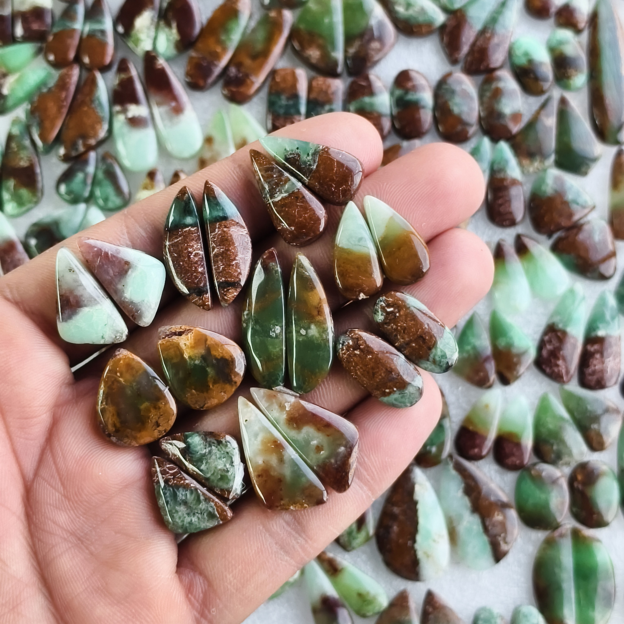 Natural Chrysoprase Cabochon Pair Green Gemstone Matching Earring Stones for Jewelry Making 15x9x5mm-42x12x5 mm 29Cts Average Weight