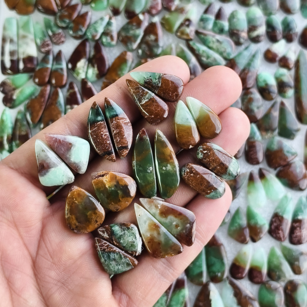 Image of Natural Chrysoprase Cabochon Pair Green Gemstone Matching Earring Stones for Jewelry Making 15x9x5mm-42x12x5 mm, 29Cts (Average Weight)