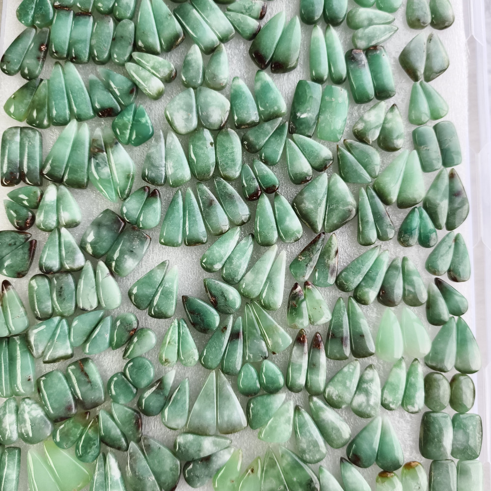 Image of Chrysoprase Earring Pair Natural Green Gemstone Matching Cabochons 11x12x5mm- 30x11x5mm Jewelry Making Stones 22Cts (Average Weight)