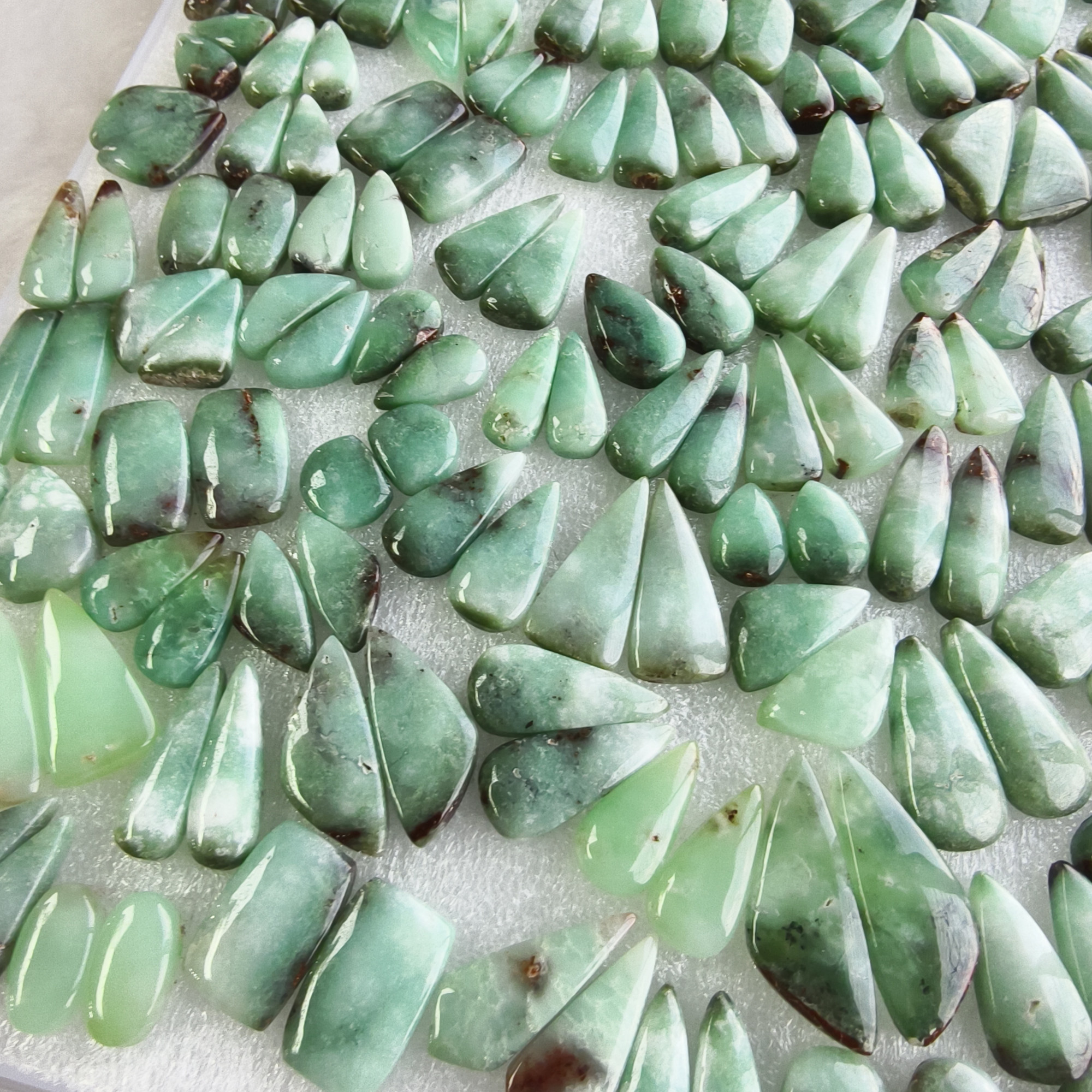 Chrysoprase Earring Pair Natural Green Gemstone Matching Cabochons 11x12x5mm- 30x11x5mm Jewelry Making Stones 22Cts Average Weight