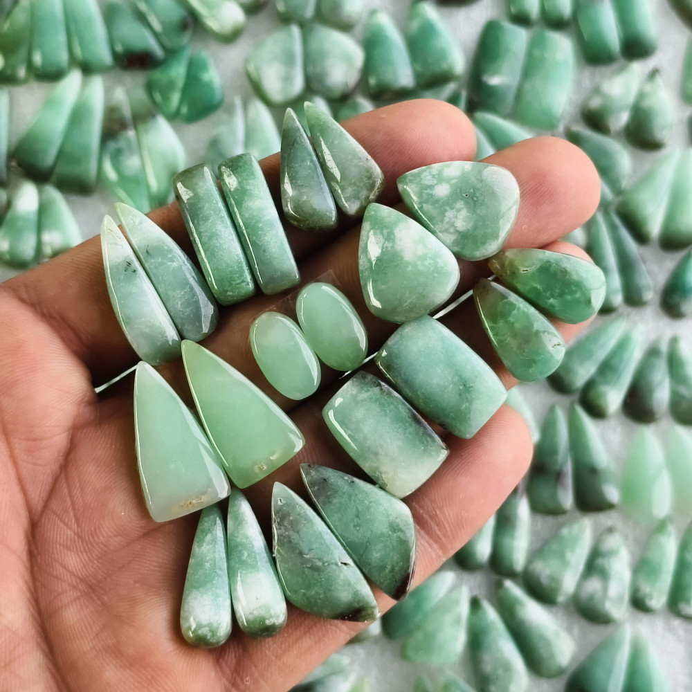 Image of Chrysoprase Earring Pair Natural Green Gemstone Matching Cabochons 11x12x5mm- 30x11x5mm Jewelry Making Stones 22Cts (Average Weight)