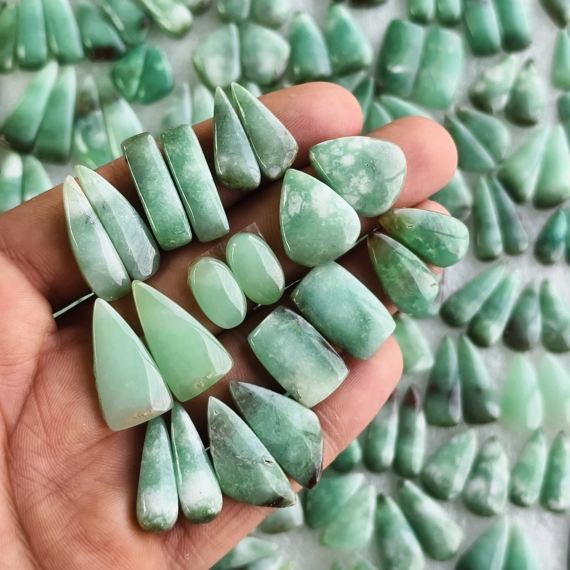 Chrysoprase Earring Pair Natural Green Gemstone Matching Cabochons 11x12x5mm- 30x11x5mm Jewelry Making Stones 22Cts Average Weight