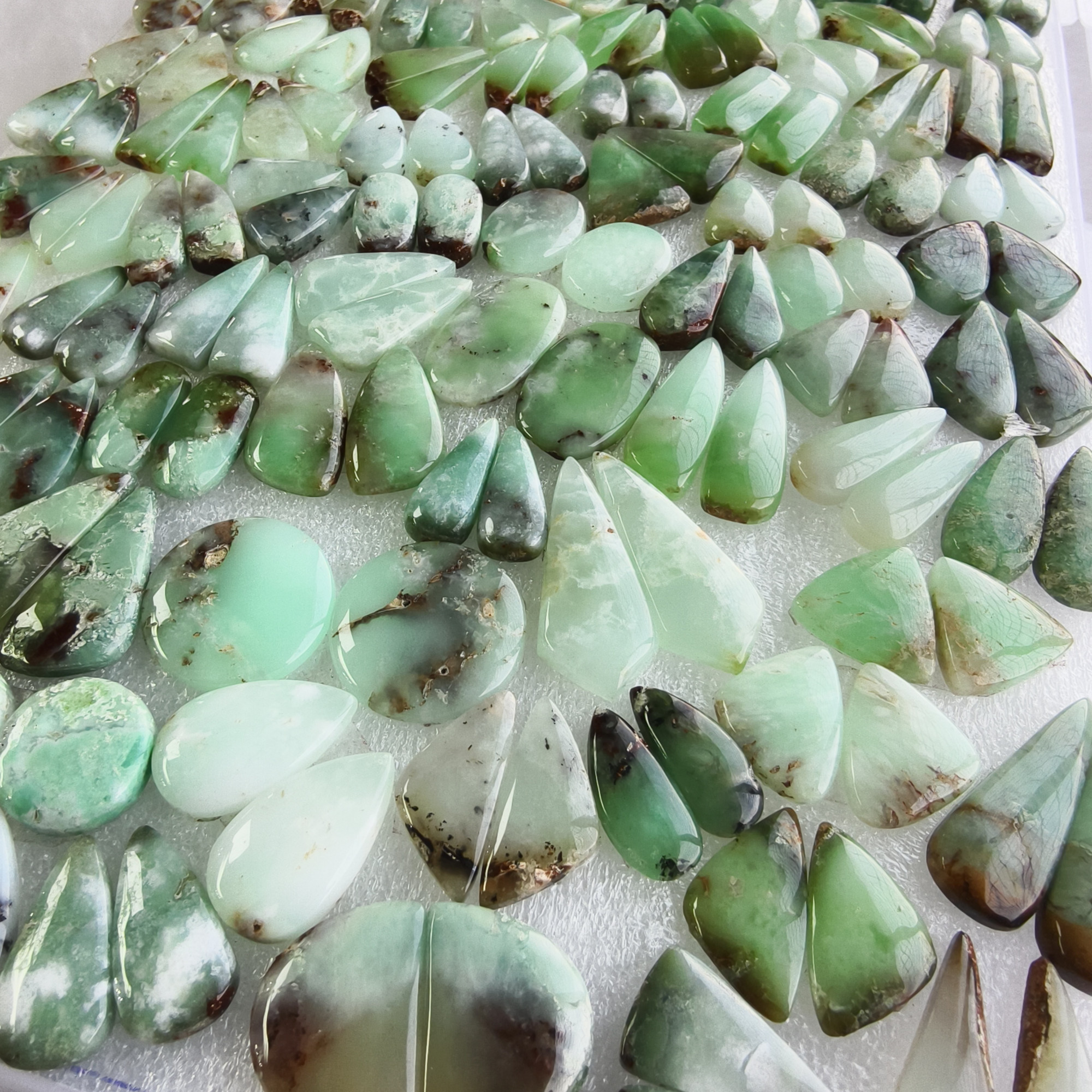 Natural Chrysoprase Matching Earring Pair Green Gemstone Cabochons Loose Stones for Jewelry Making 15x11x5mm- 35x9x5mm 22Cts Average Weight