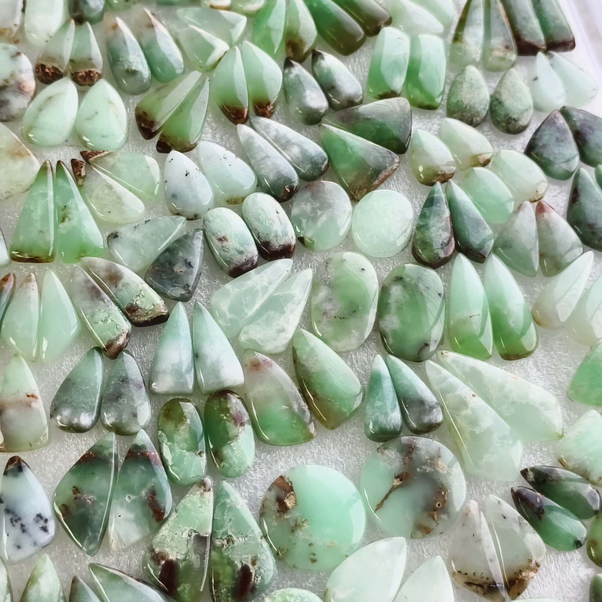 Natural Chrysoprase Matching Earring Pair Green Gemstone Cabochons Loose Stones for Jewelry Making 15x11x5mm- 35x9x5mm 22Cts Average Weight