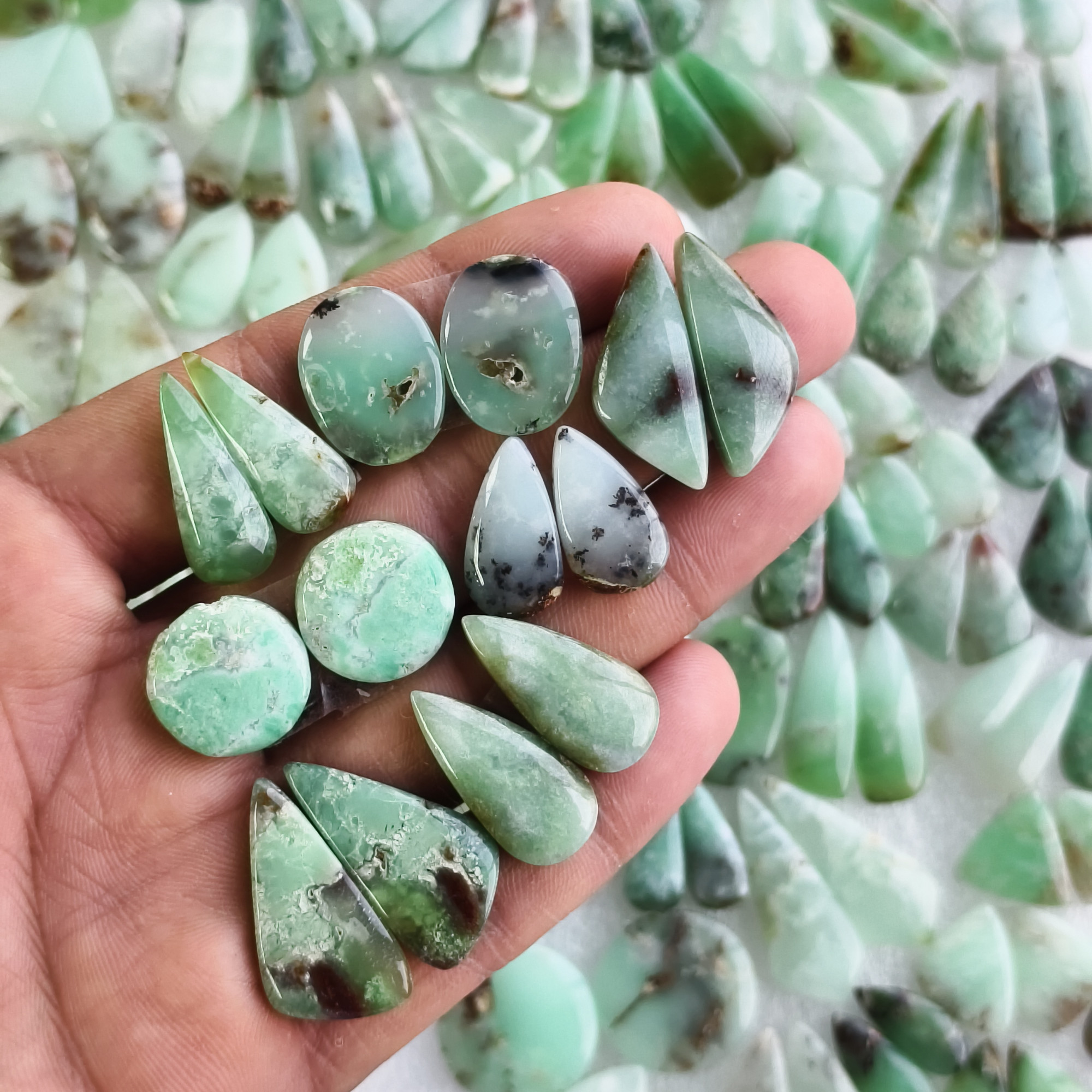 Natural Chrysoprase Matching Earring Pair Green Gemstone Cabochons Loose Stones for Jewelry Making 15x11x5mm- 35x9x5mm 22Cts Average Weight