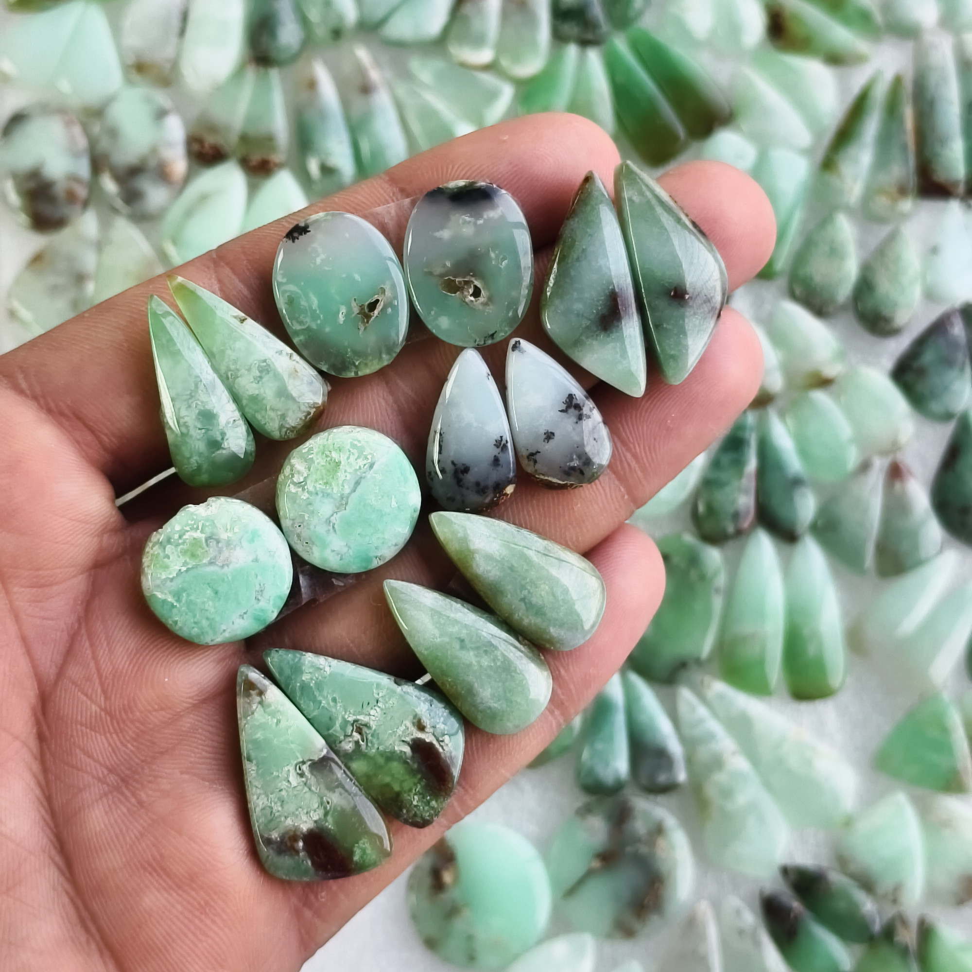 Natural Chrysoprase Matching Earring Pair Green Gemstone Cabochons Loose Stones for Jewelry Making 15x11x5mm- 35x9x5mm 22Cts Average Weight