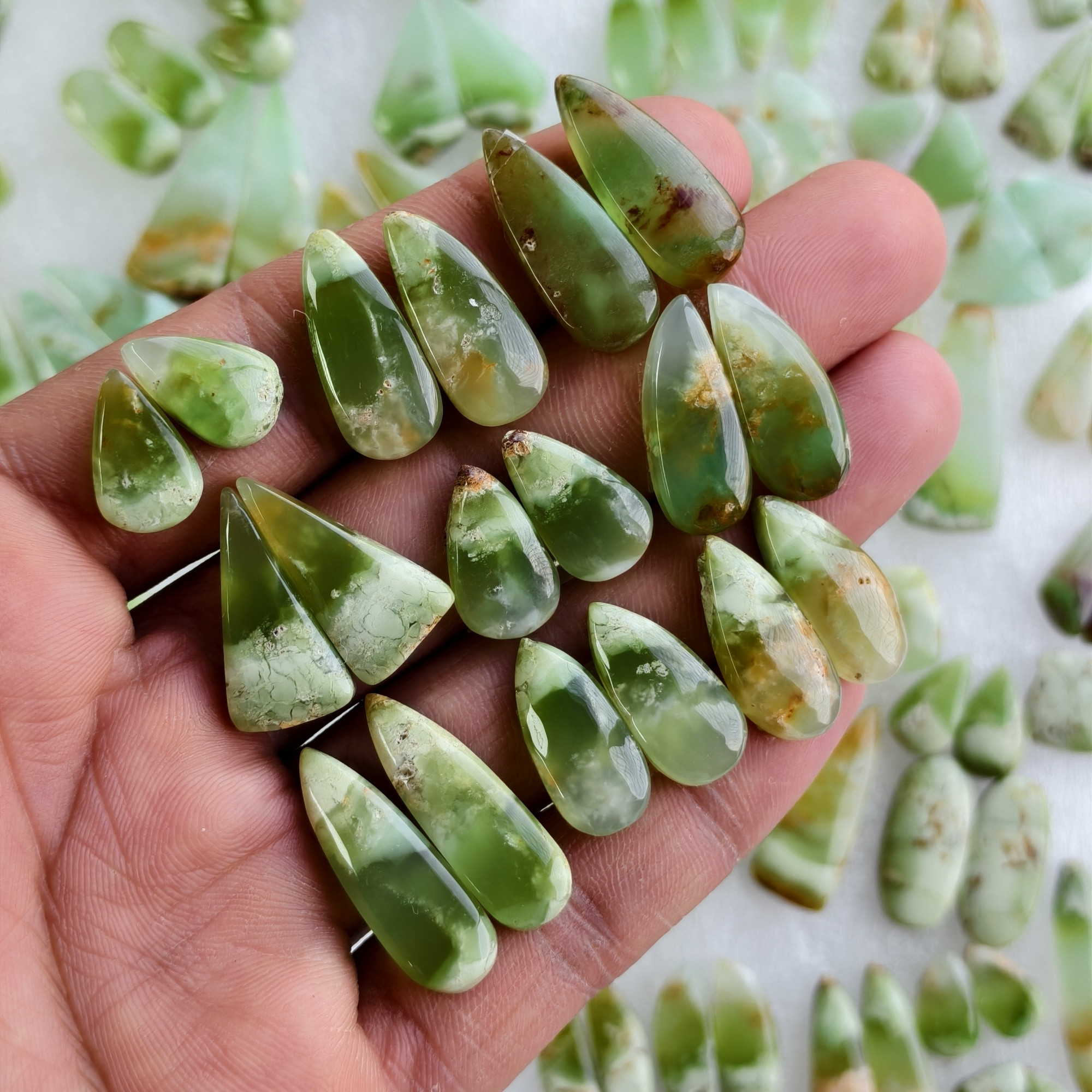 Natural Green Chrysoprase Cabochon Pair Matching Earring Gemstones 11x11x5mm-36x11x5mm Polished Loose Stones 23Cts Average Weight