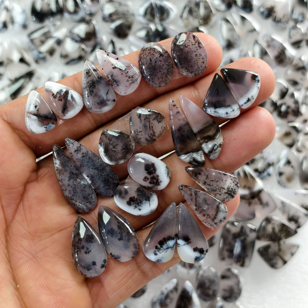 Image of Natural Dendrite Agate Cabochon Pair Matching Earring Gemstones 19x9x3-32x9x3mm Polished Loose Stones 15 Cts Avg