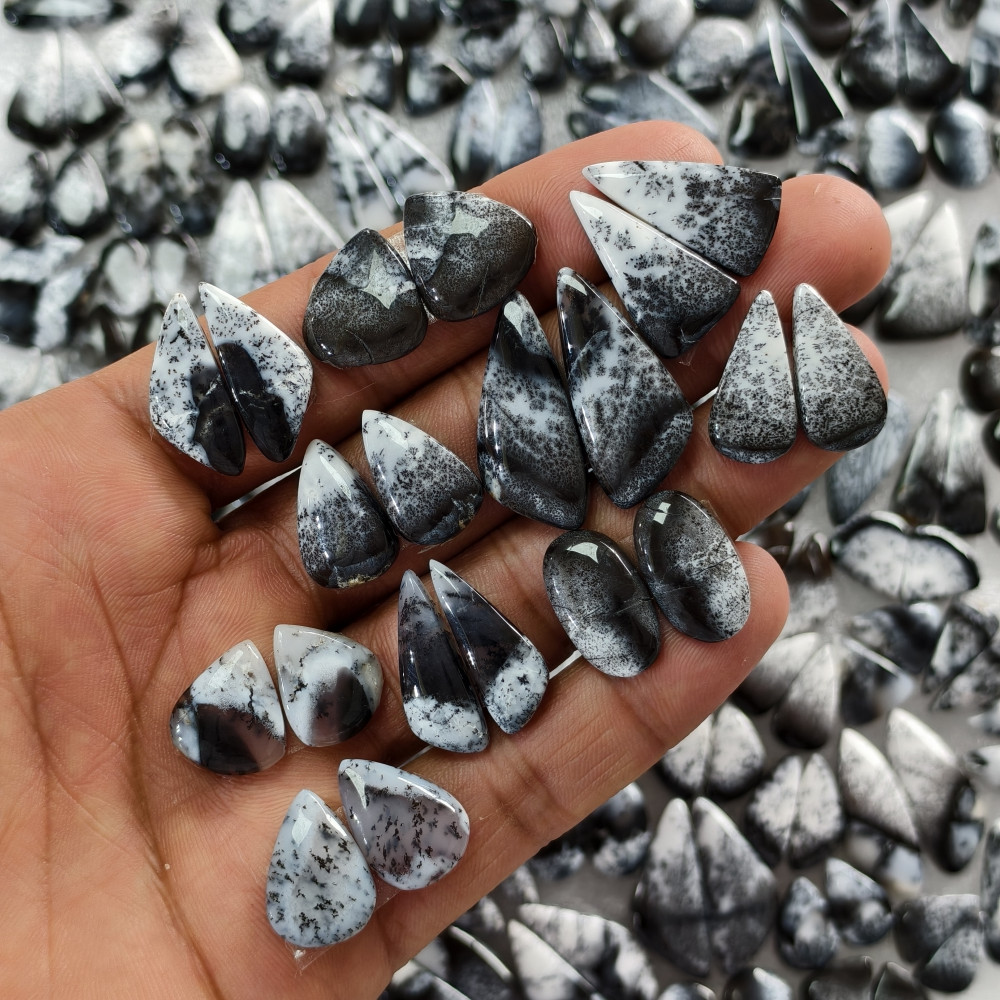 Image of Natural Dendrite Agate Gemstone Cabochon Pair for Earrings 14 Cts Matching Loose Stones 13x14x3mm &amp; 31x13x3mm Natural Polished