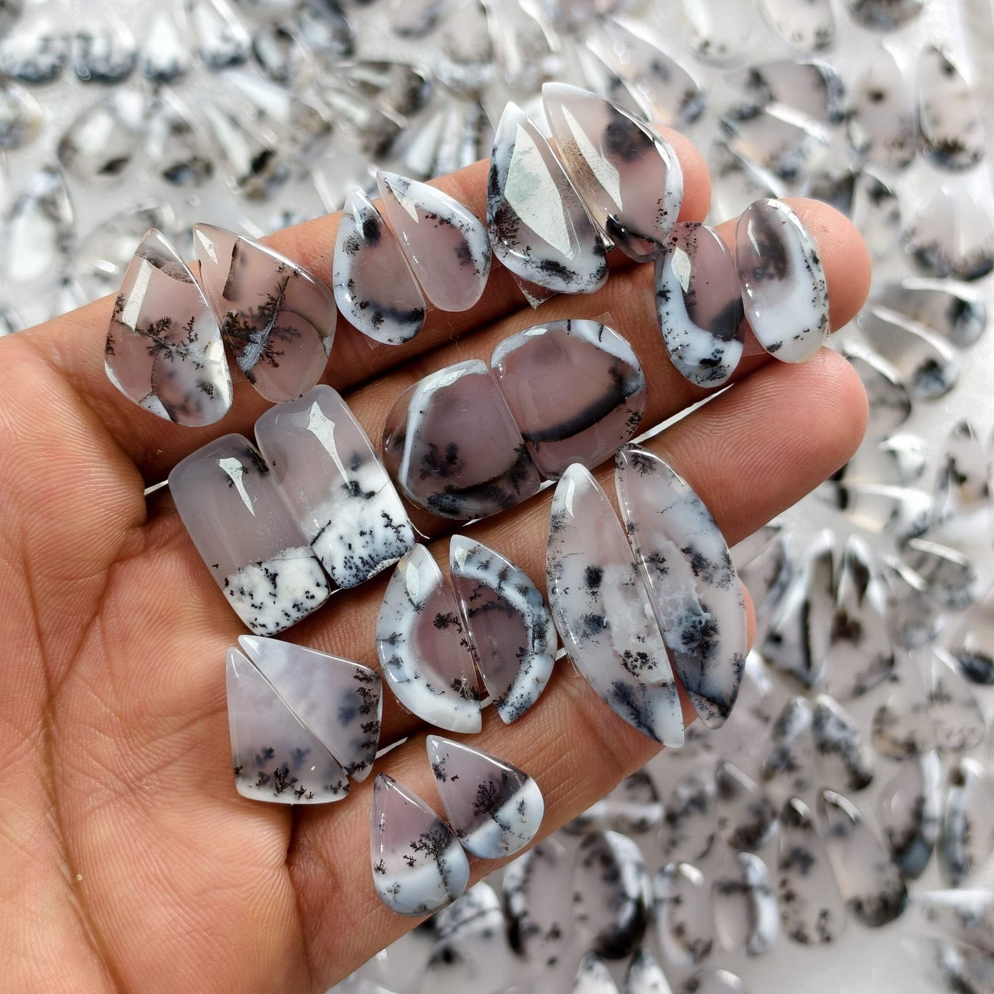 Natural Dendrite Agate Cabochon Matching Pair 16 Cts Earring Gemstones 11x11x3mm  28x12x3mm Polished Natural Loose Stones