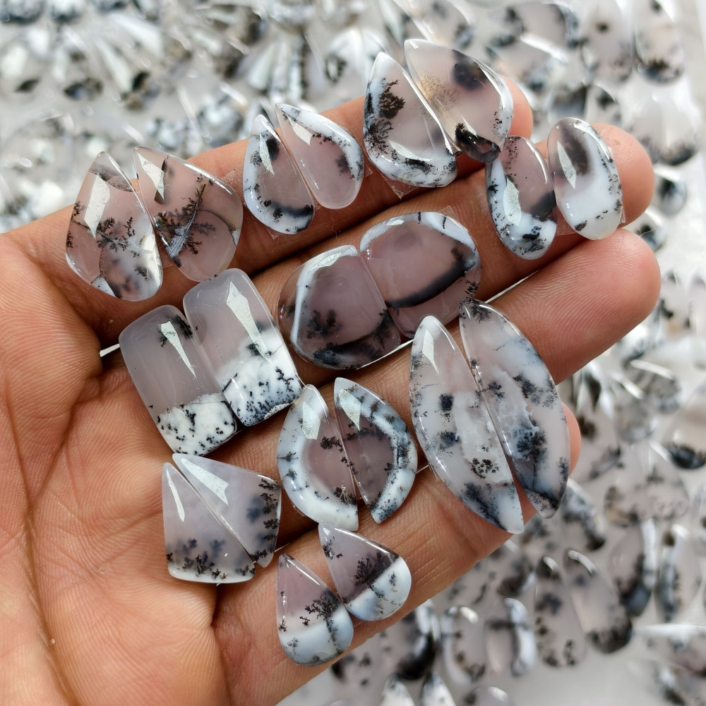 Image of Natural Dendrite Agate Cabochon Matching Pair 16 Cts Earring Gemstones 11x11x3mm &amp; 28x12x3mm Polished Natural Loose Stones