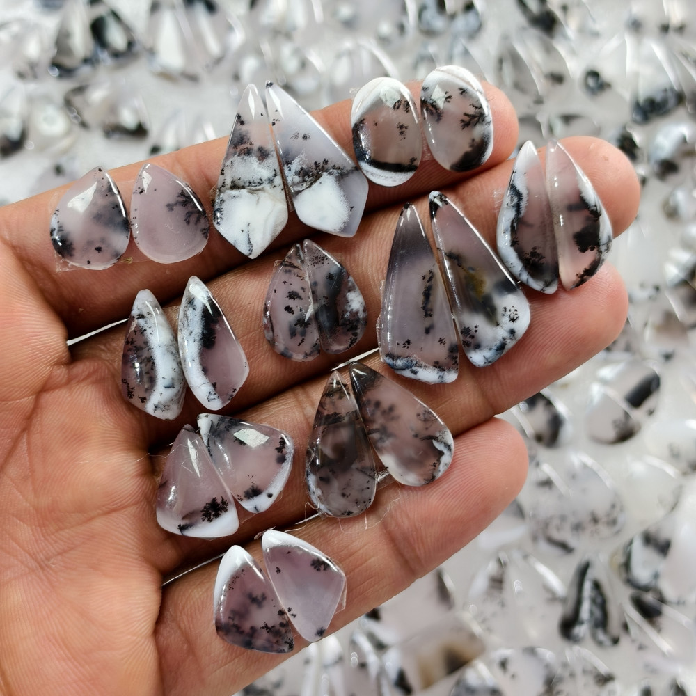 Image of Natural Dendrite Agate Cabochon Matching Pair 17 Cts Earring Gemstones 13x7x3  25x12x3mm  Polished Natural Loose Stones