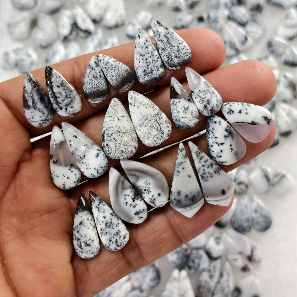 Image of Dendrite Agate Earring Pair Natural Gemstone Matching Cabochons 13x10x3–29x11x3 Jewelry Making Stones 11ct Avg