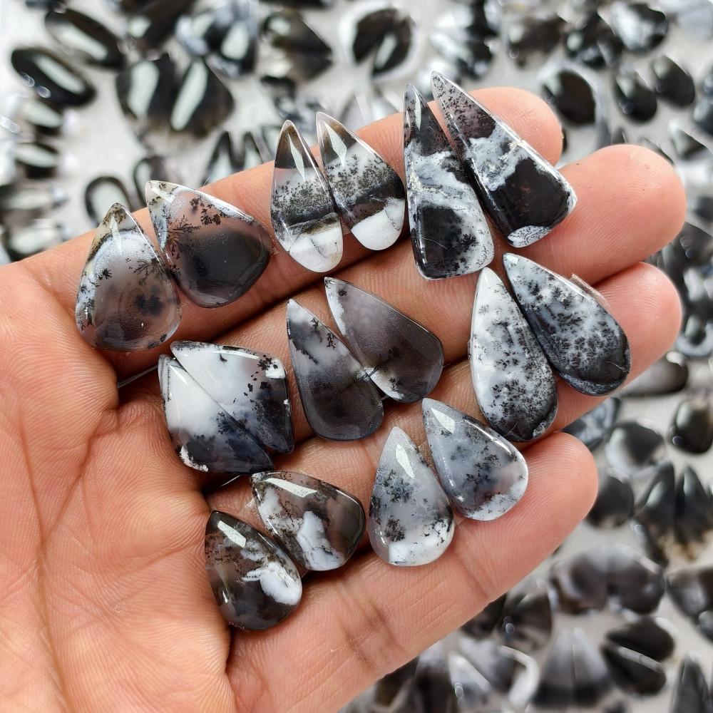 Image of Dendrite Agate Earring Pair Natural Gemstone Matching Cabochons 18x9x3–34x15x3mm  Jewelry Making Stones 15ct Avg