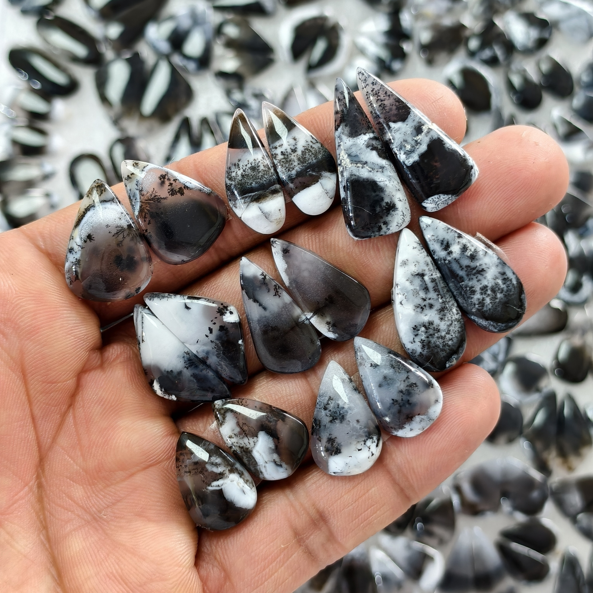 Dendrite Agate Earring Pair Natural Gemstone Matching Cabochons 18x9x334x15x3mm  Jewelry Making Stones 15ct Avg