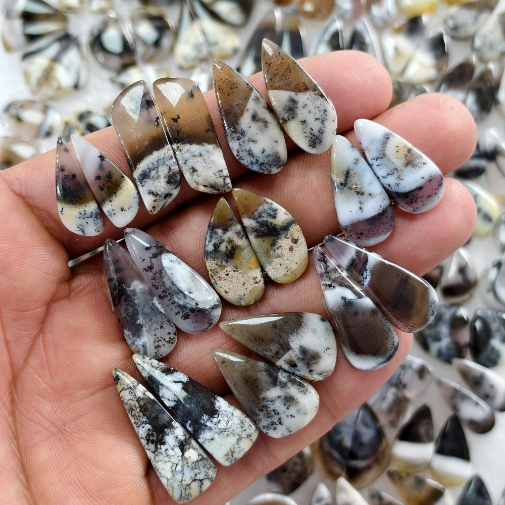 Image of Natural Dendrite Agate Earring Pair Gemstone Matching Cabochons 10x10x3–29x11x3mm Jewelry Making Stones 16 ct Avg