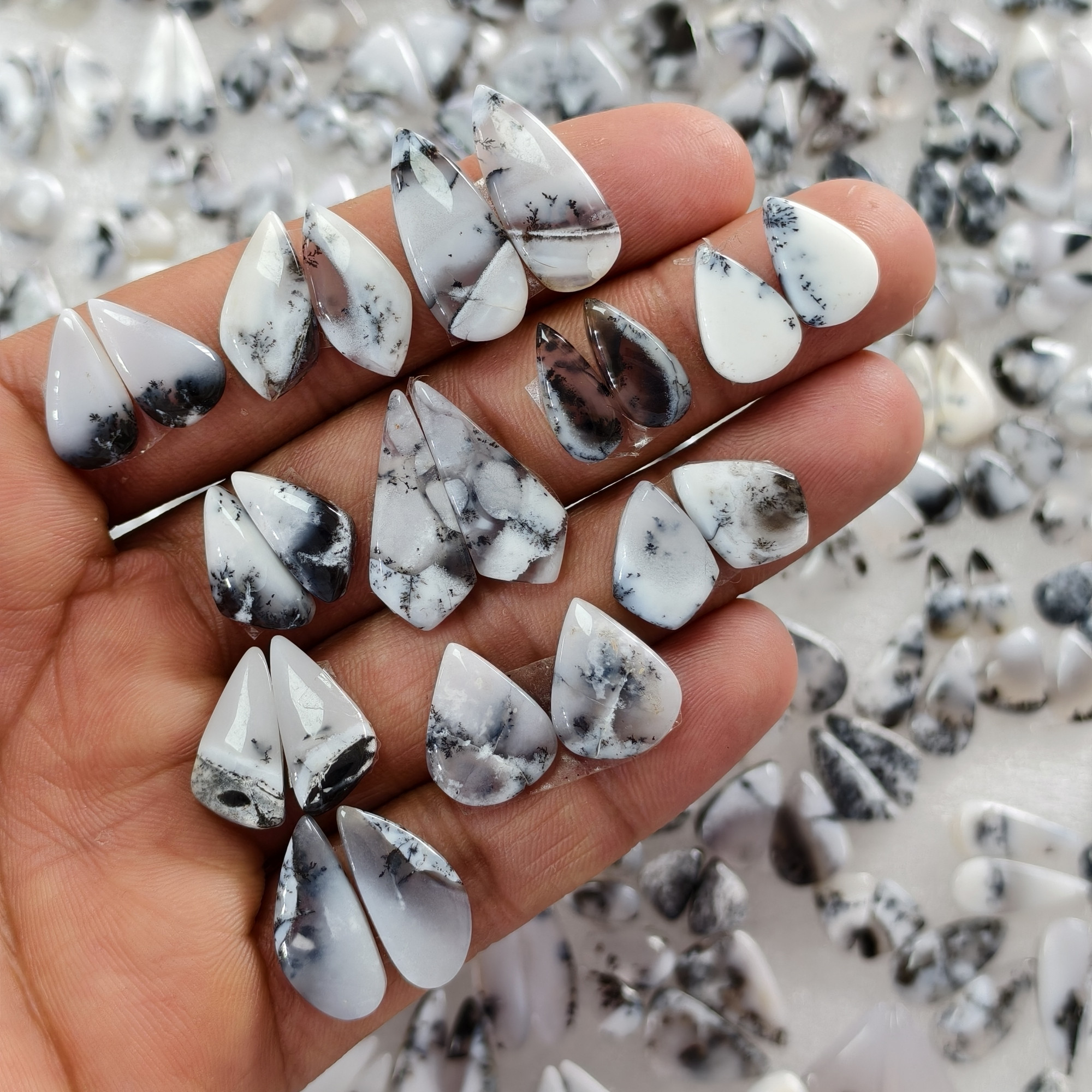Natural Dendrite Agate  Cabochon Pair Matching Earring Gemstones 10x4x2 20x7x2mm Polished Loose Stones 8ct Avg