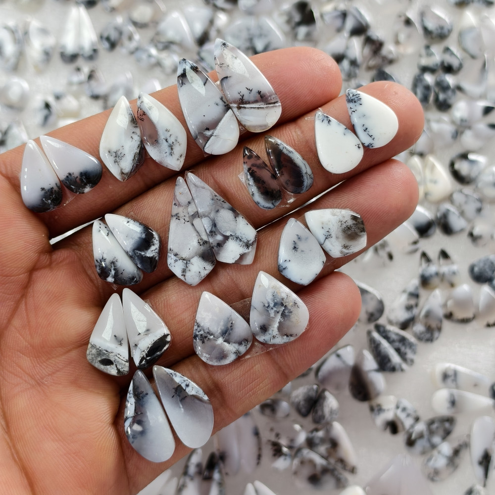 Image of Natural Dendrite Agate  Cabochon Pair Matching Earring Gemstones 10x4x2 20x7x2mm Polished Loose Stones 8ct Avg