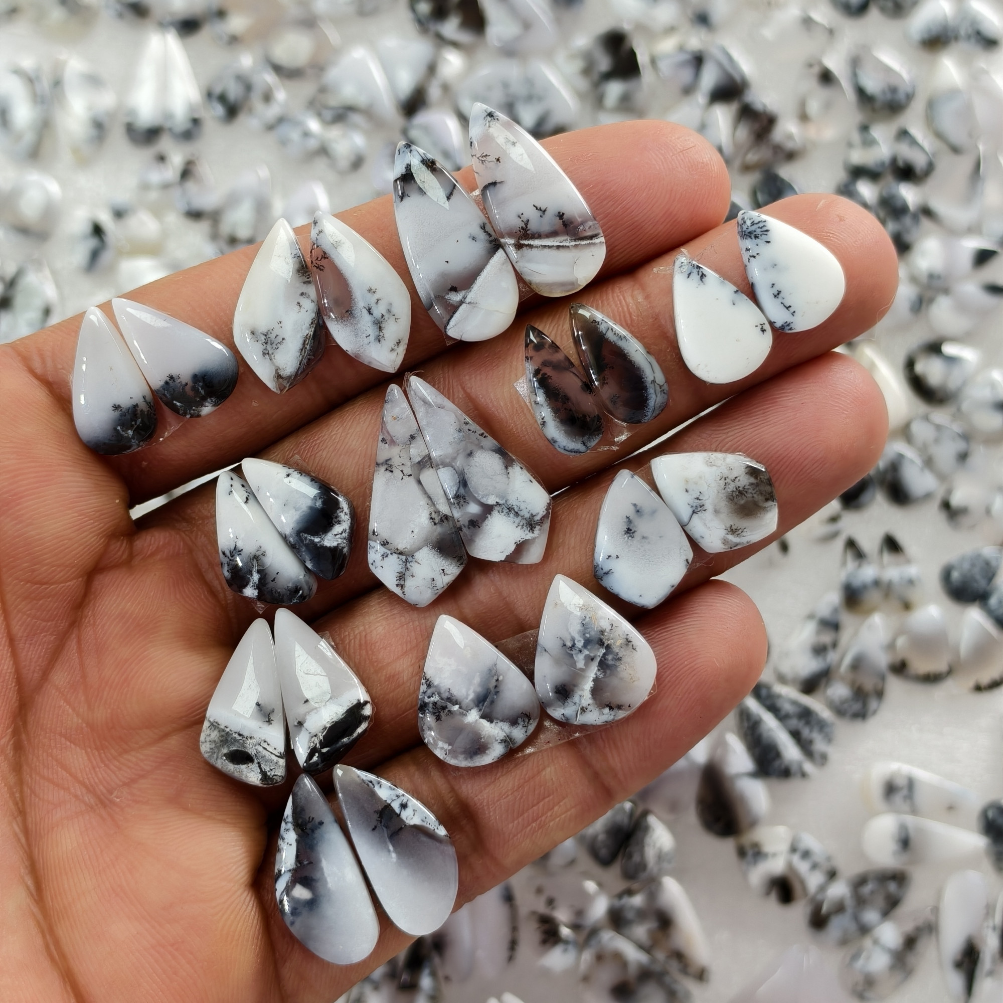 Natural Dendrite Agate  Cabochon Pair Matching Earring Gemstones 10x4x2 20x7x2mm Polished Loose Stones 8ct Avg