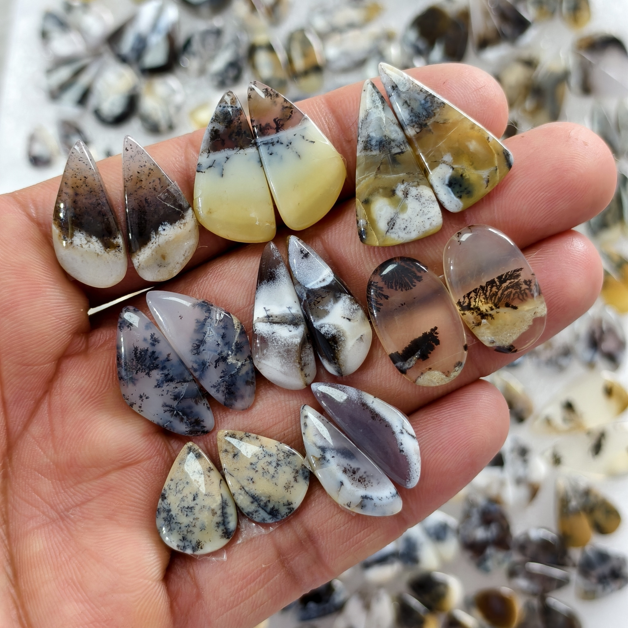 Natural Dendrite Agate  Cabochon Pair Matching Earring Gemstones 14x8x25  28x13x25 Polished Loose Stones 11ct Avg