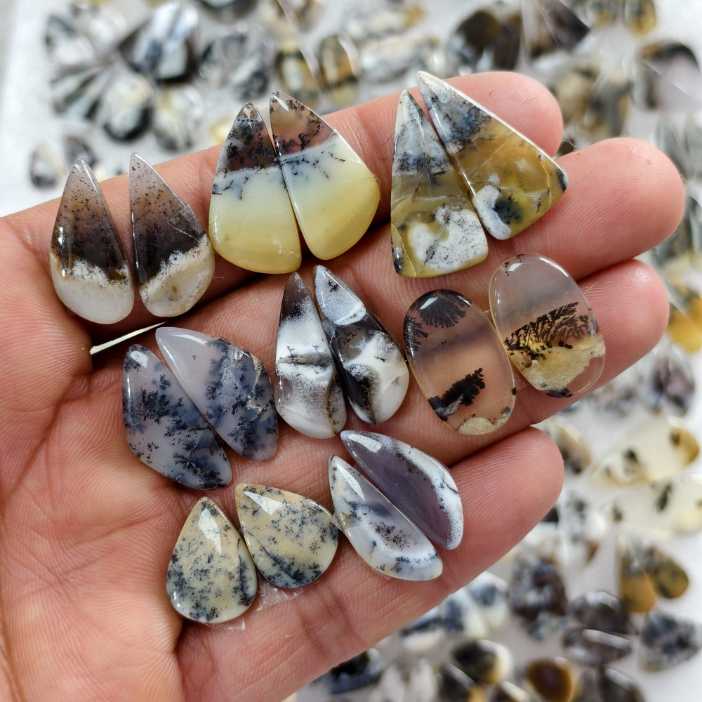 Image of Natural Dendrite Agate  Cabochon Pair Matching Earring Gemstones 14x8x2.5  28x13x2.5 Polished Loose Stones 11ct Avg