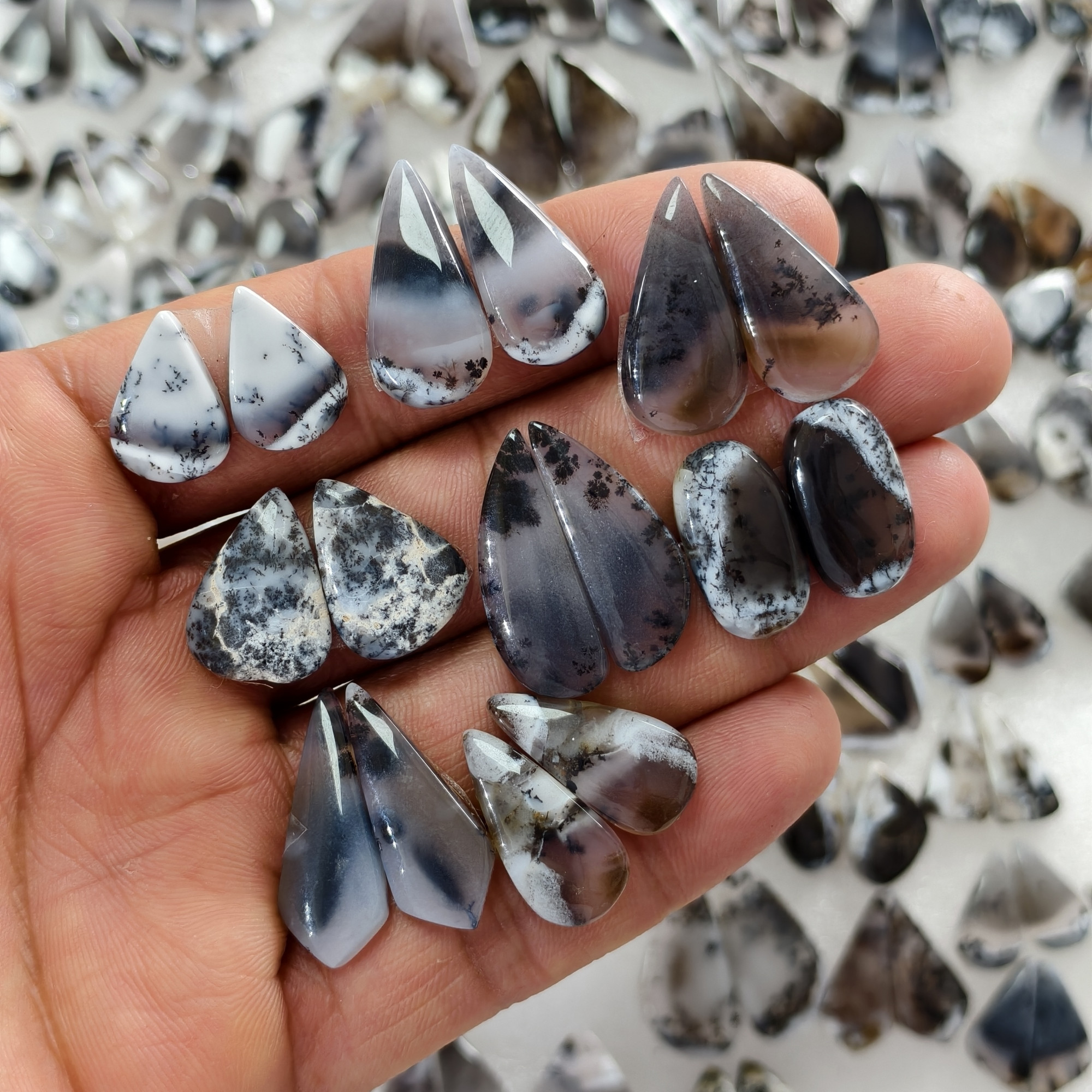 Natural Dendrite Agate  Cabochon Pair Matching Earring Gemstones 15x10x3 35x14x3 Polished Loose Stones 16ct Avg