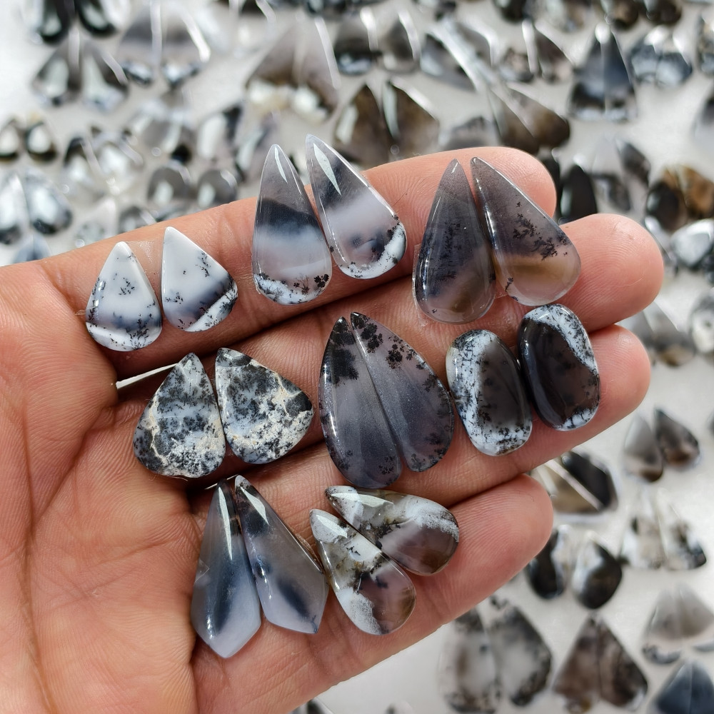 Image of Natural Dendrite Agate  Cabochon Pair Matching Earring Gemstones 15x10x3 35x14x3 Polished Loose Stones 16ct Avg