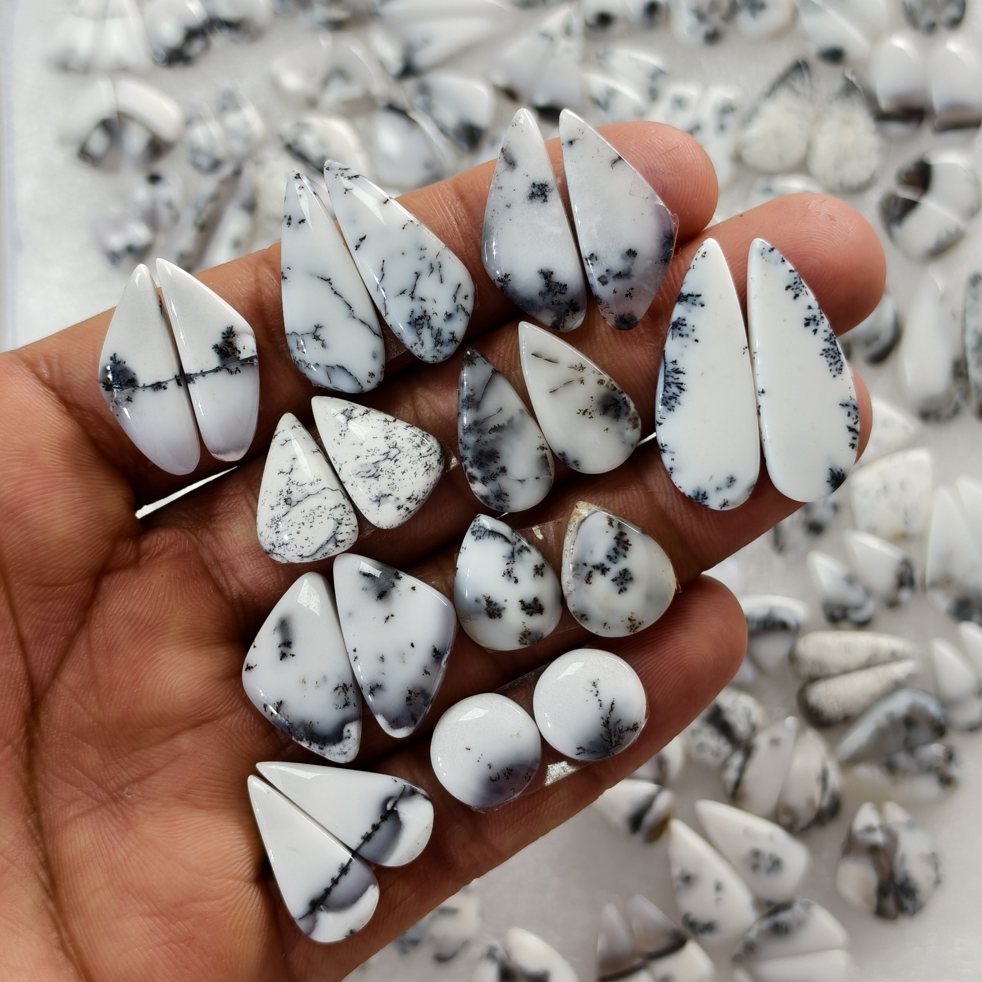 Natural Dendrite Agate  Cabochon Pair Matching Earring Gemstones 11x11x3 30x10x3 Polished Loose Stones 13ct Avg