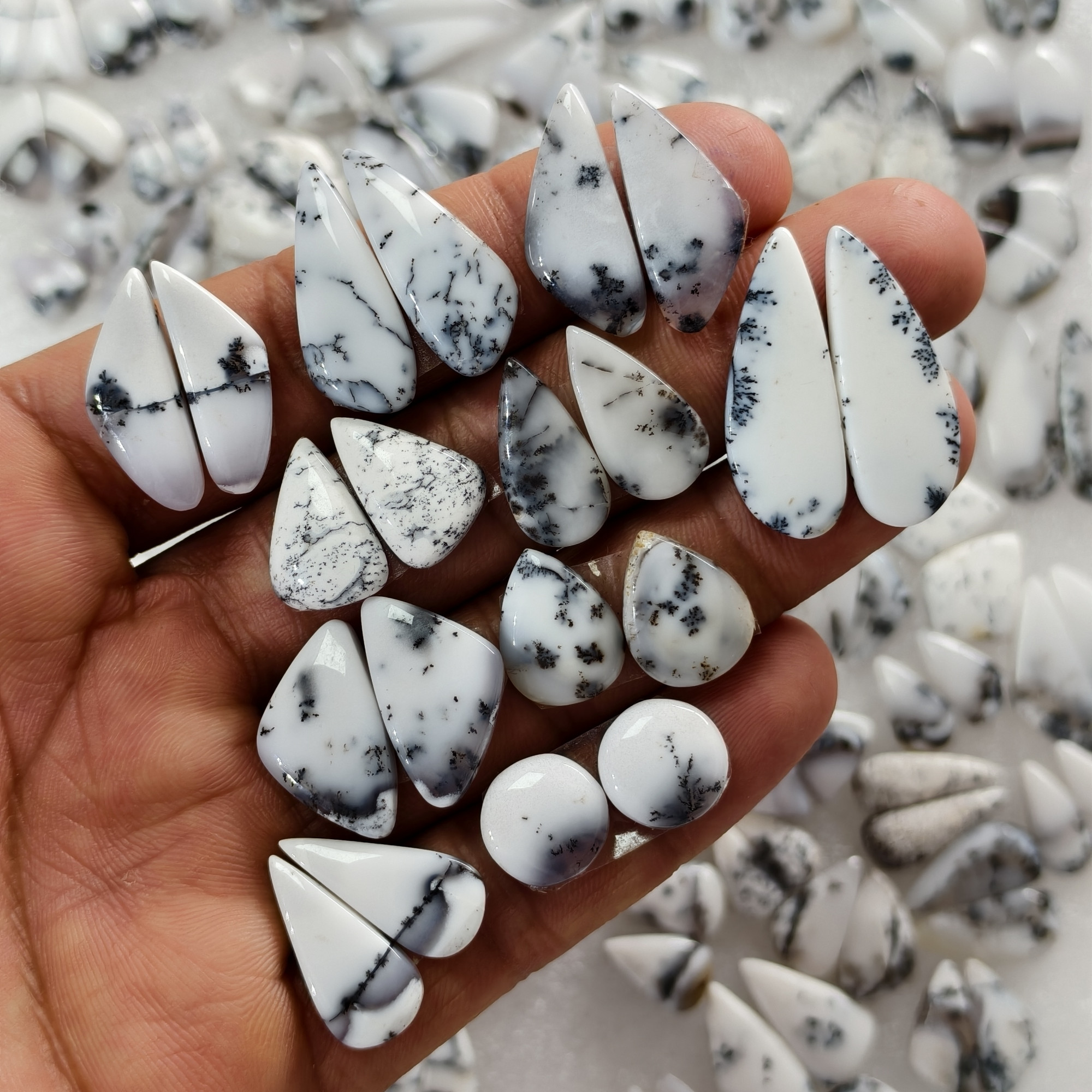 Natural Dendrite Agate  Cabochon Pair Matching Earring Gemstones 11x11x3 30x10x3 Polished Loose Stones 13ct Avg