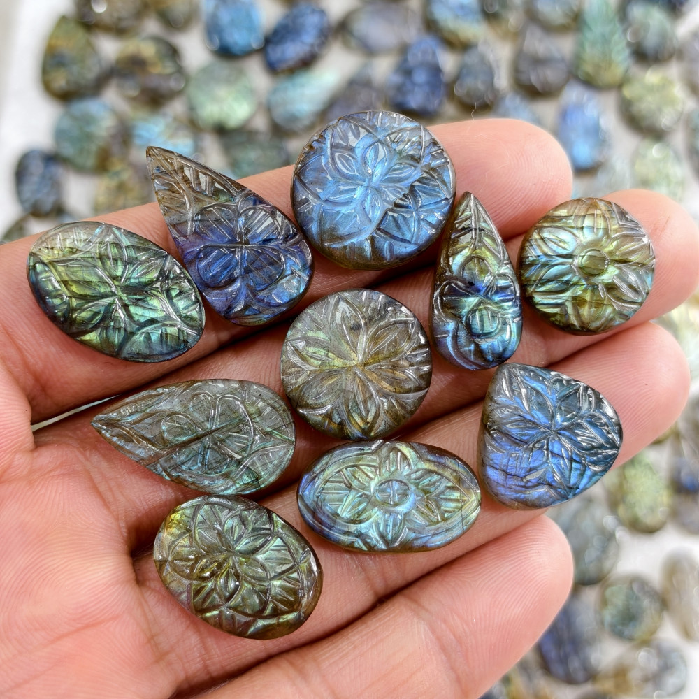 Image of Natural Labradorite Carving Cabochon Gemstone Wholesale Lot for Jewelry Making 15x15x3mm-25x13x4mm 13Cts(Avg