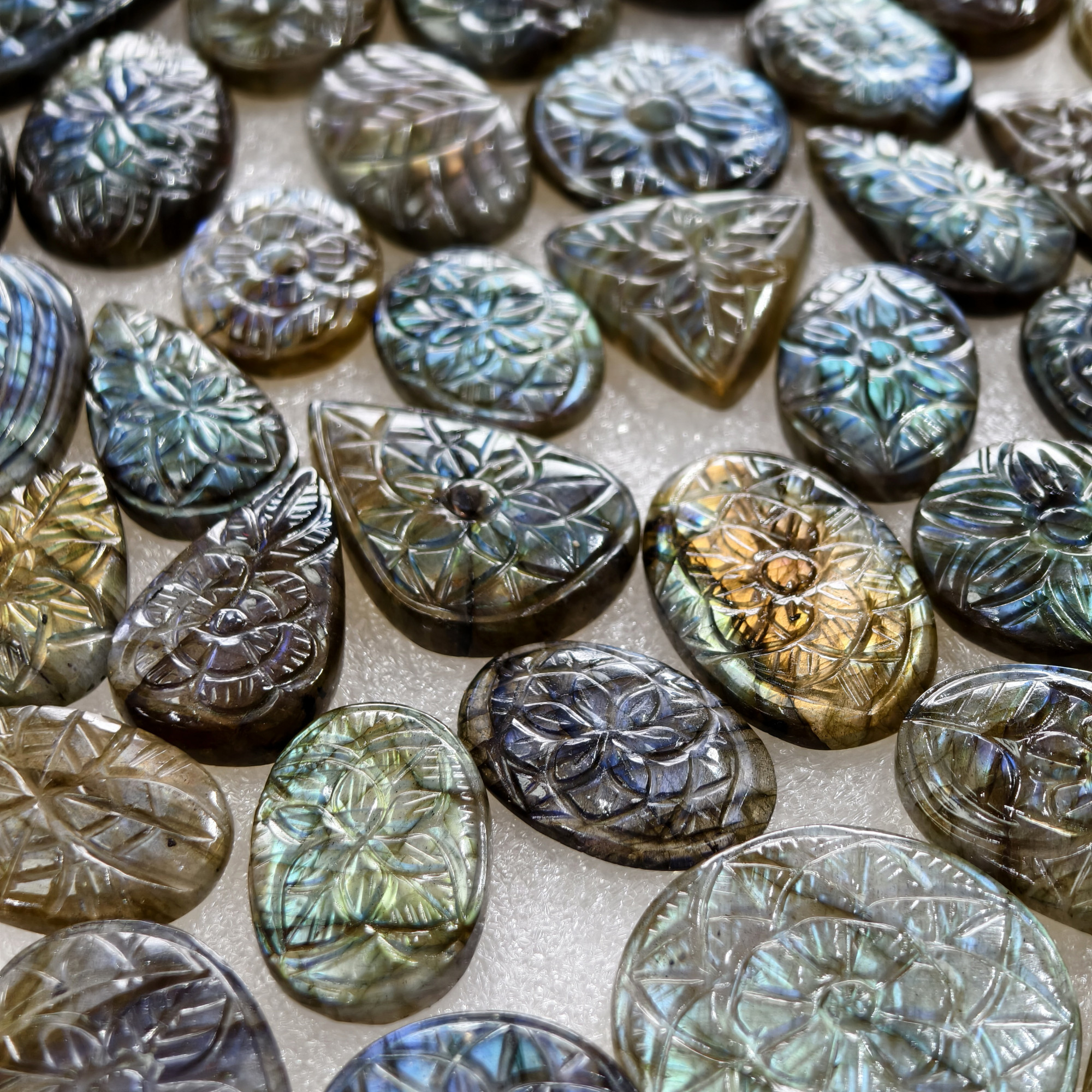 Natural Labradorite Hand Carved Cabochon 25x16x3mm- 36x20x3mm 22Cts Average