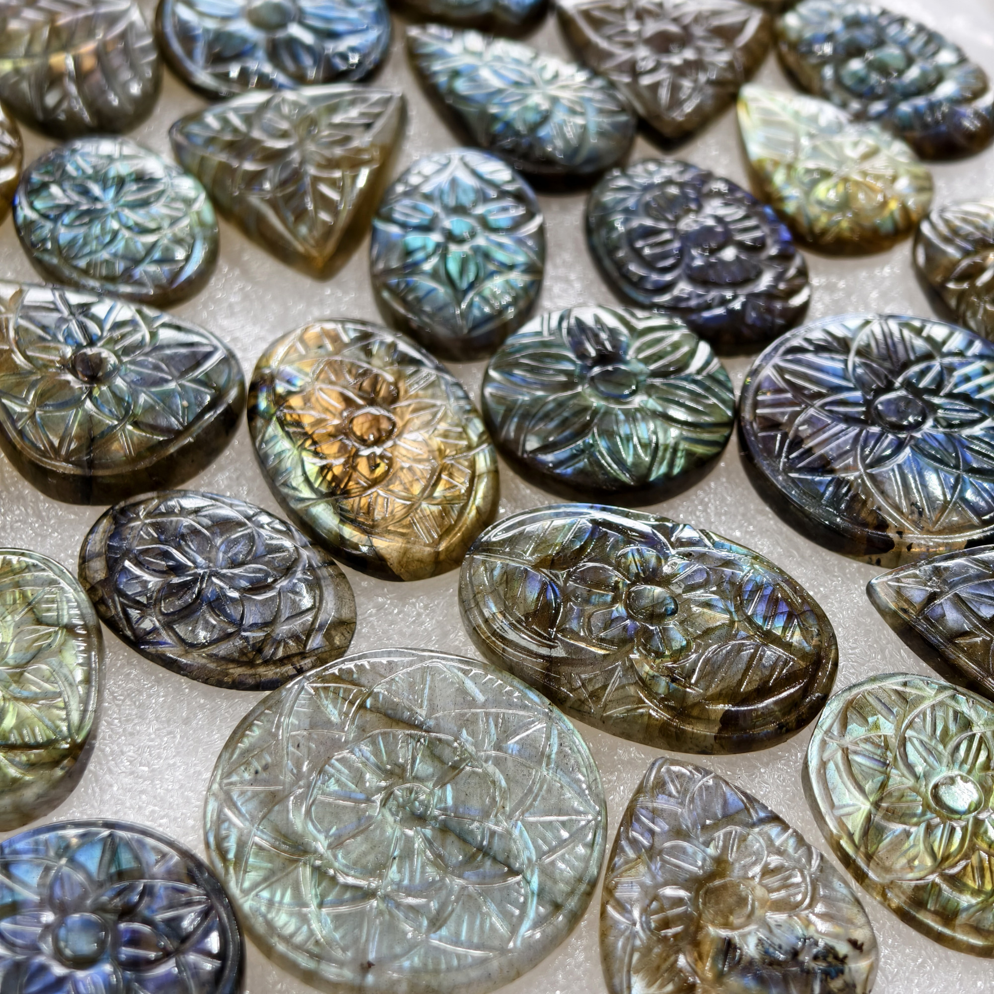 Natural Labradorite Hand Carved Cabochon 25x16x3mm- 36x20x3mm 22Cts Average