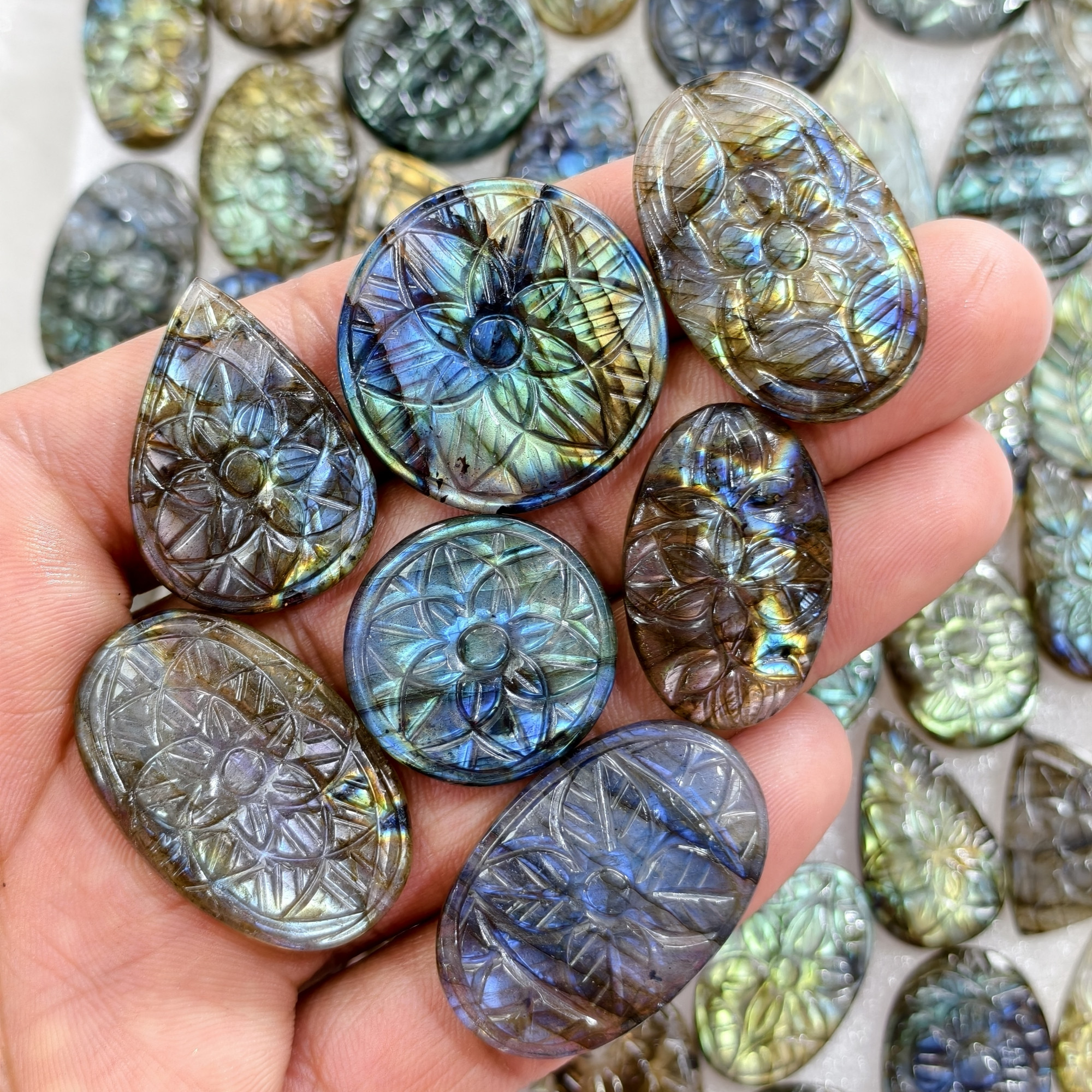 Natural Labradorite Hand Carved Cabochon 25x16x3mm- 36x20x3mm 22Cts Average