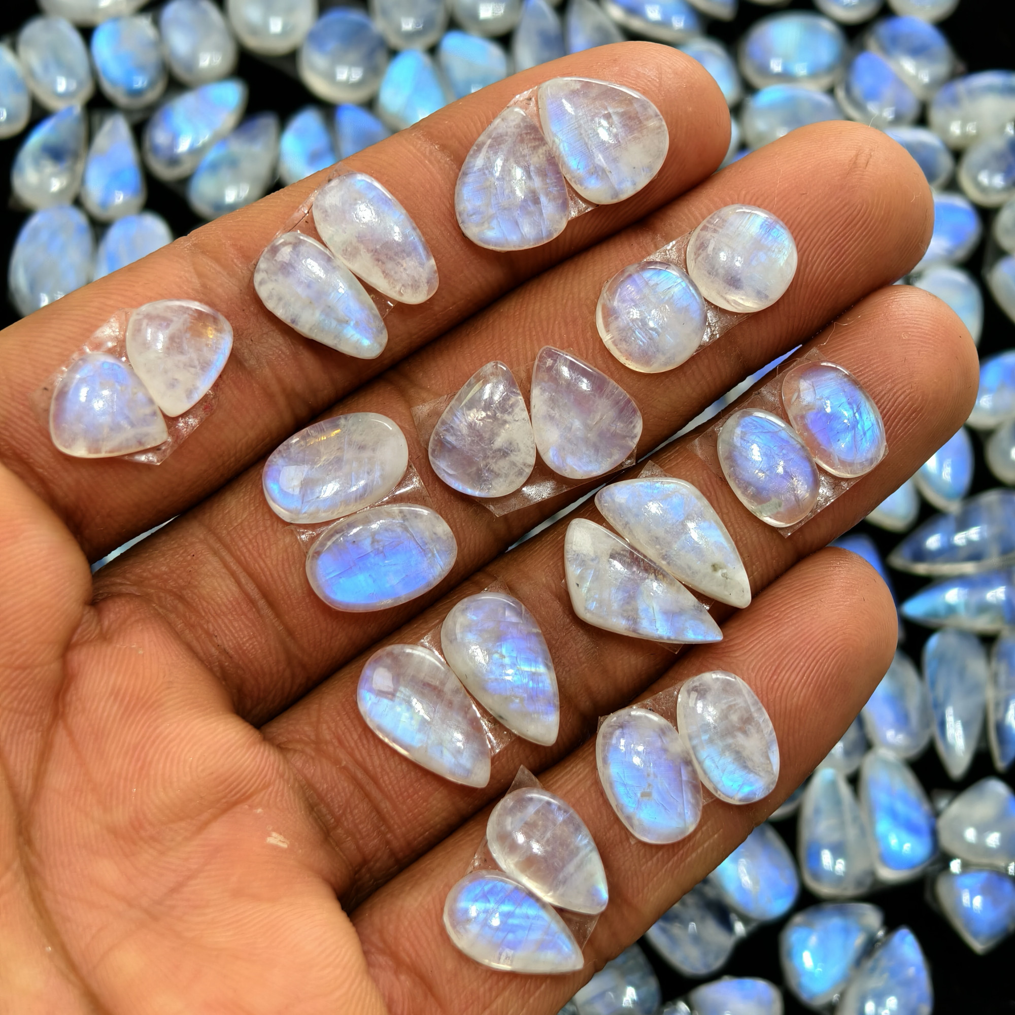 Natural Rainbow Moonstone Pair Matching Earring Gemstones 10x10x4mm 19x7x4mm Polished Loose Stones 7ct Avg
