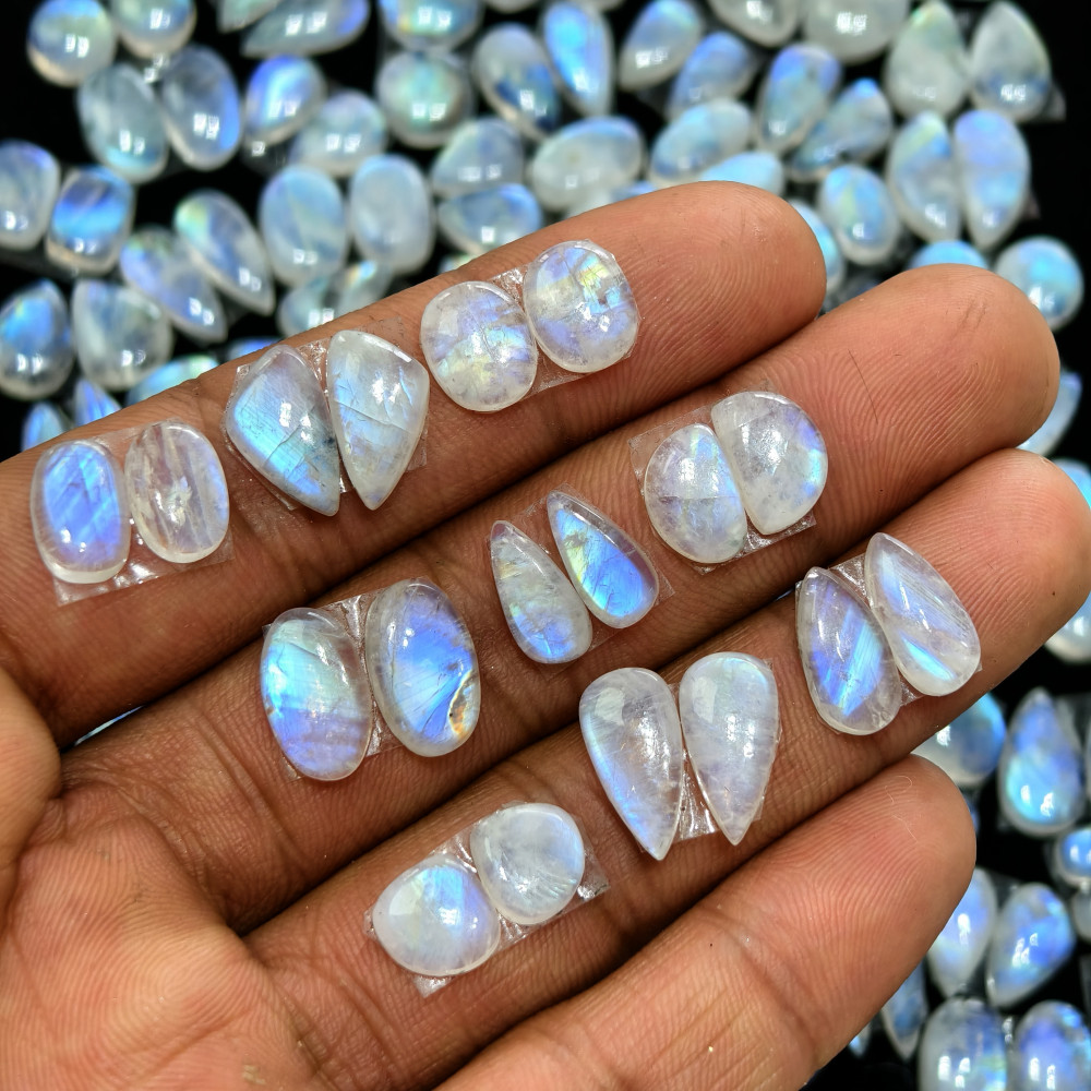 Image of Natural Blue Fire Moonstone Matching Gemston  Earing Pair, 6Cts, 8x8x3mm 16x9x3mm