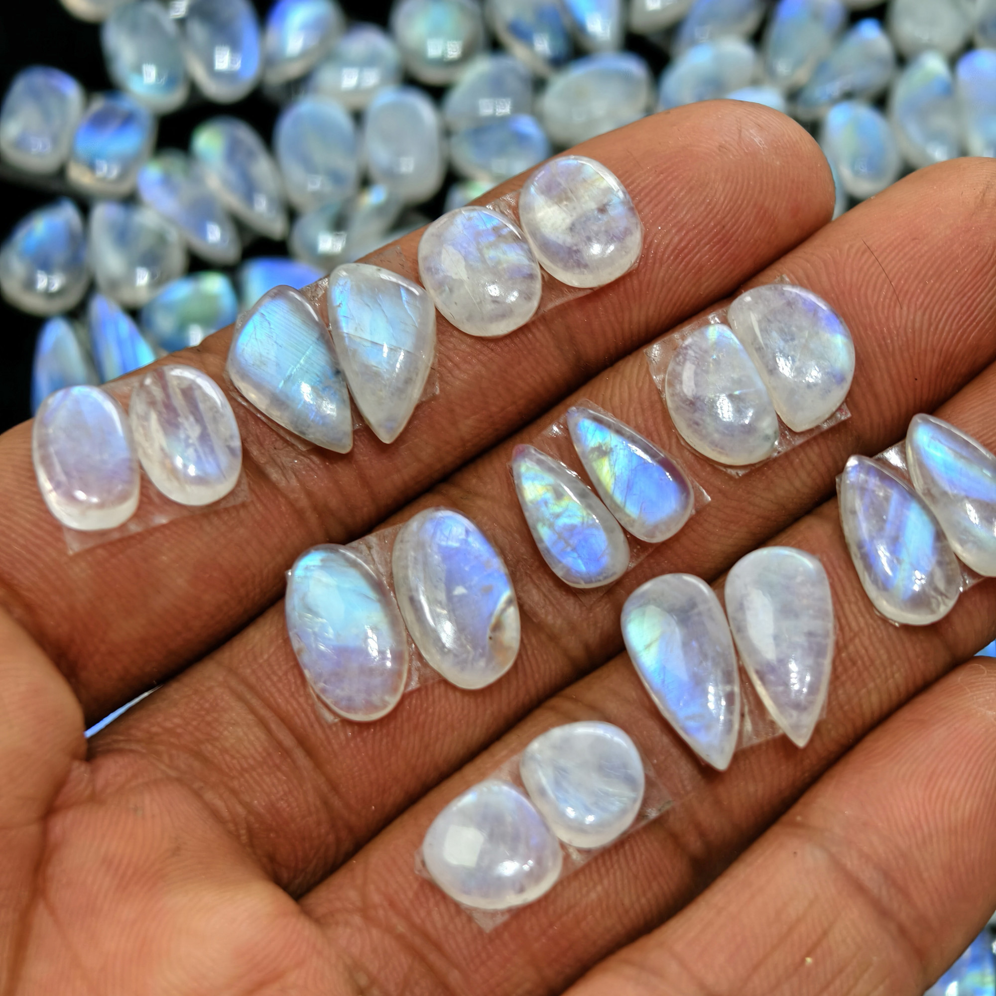 Natural Blue Fire Moonstone Matching Gemston Earing Pair 6Cts 8x8x3mm 16x9x3mm