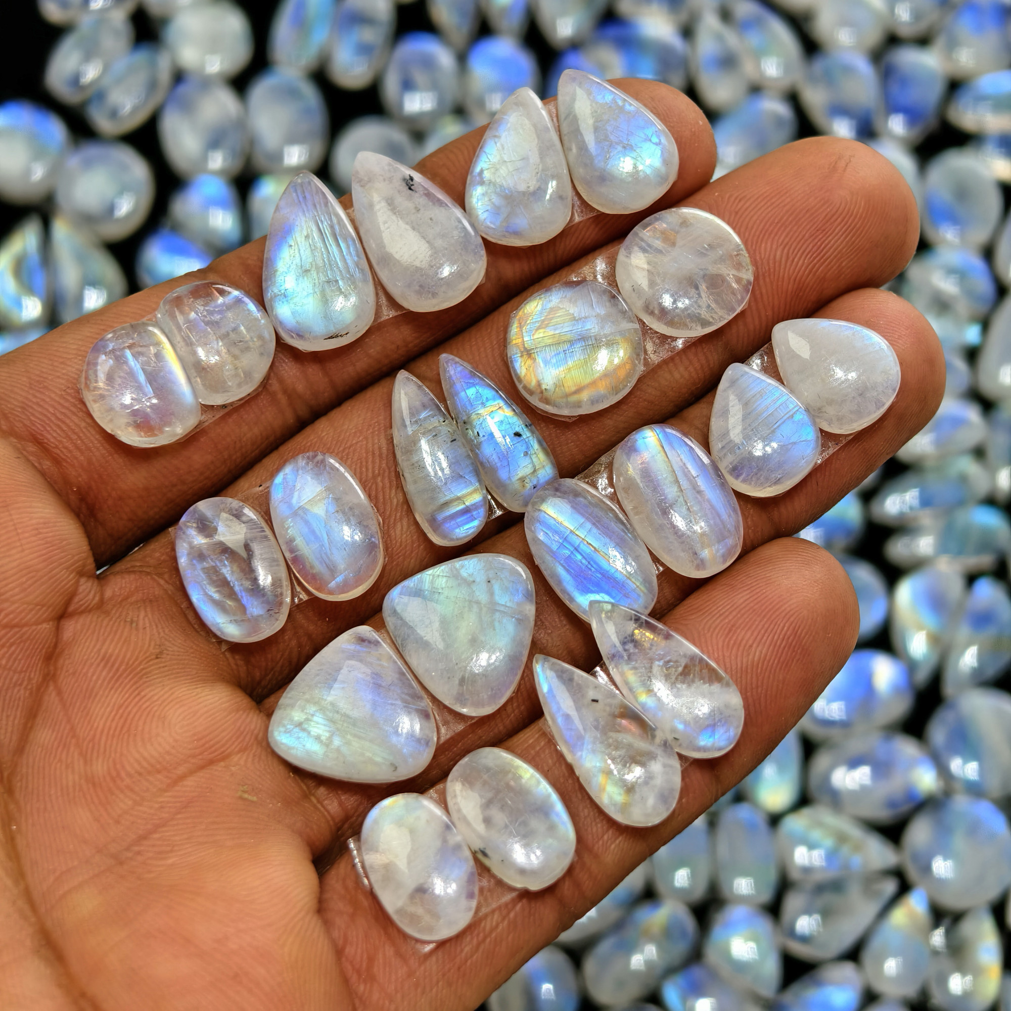 Natural Blue Rainbow Fire Moonstone Matching Pair 11 Cts 12x9x3mm 17x12x3mm