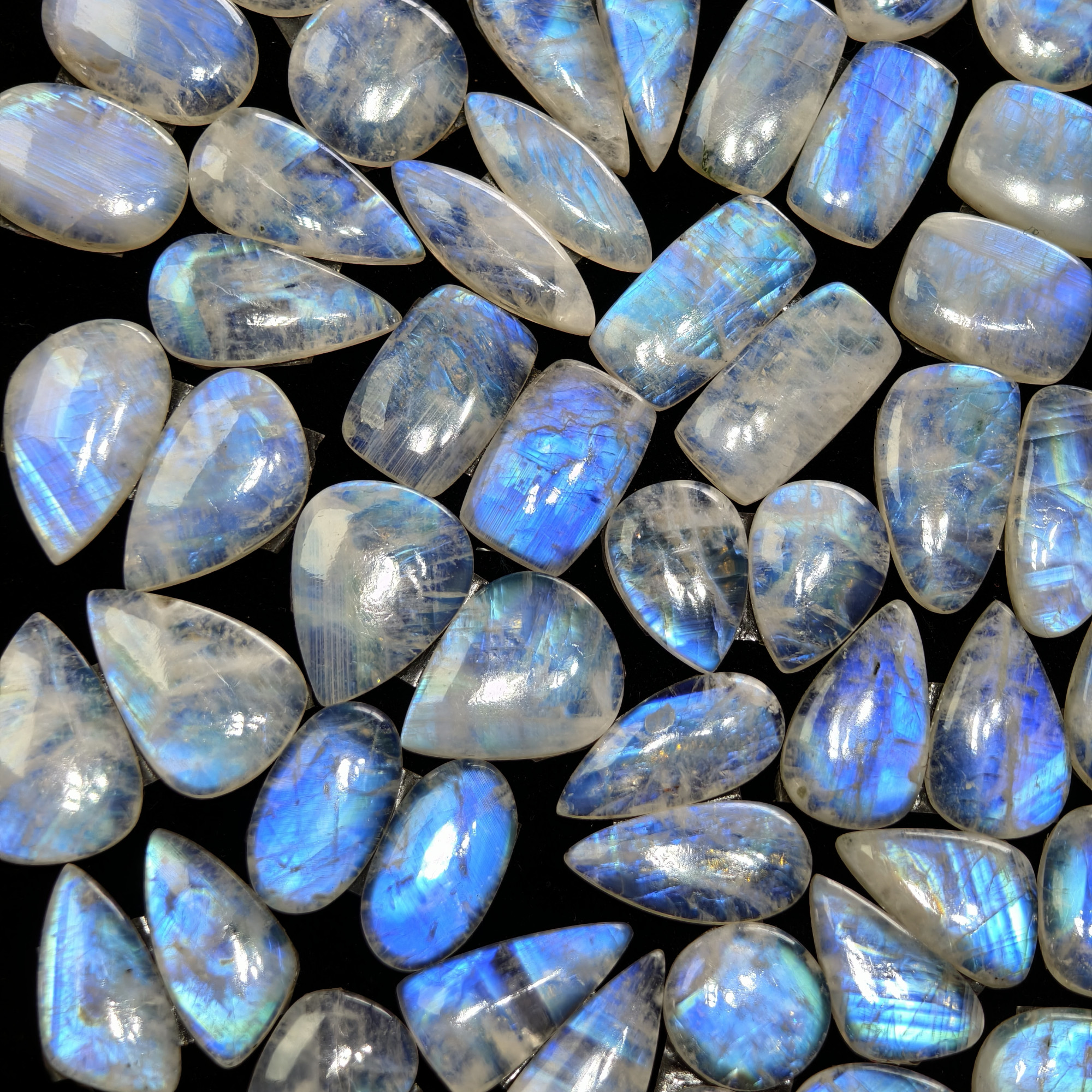 Blue Sheen Rainbow Moonstone Cabochon Matching Pair 19XX Cts 16x16x4mm 31x14x4mm