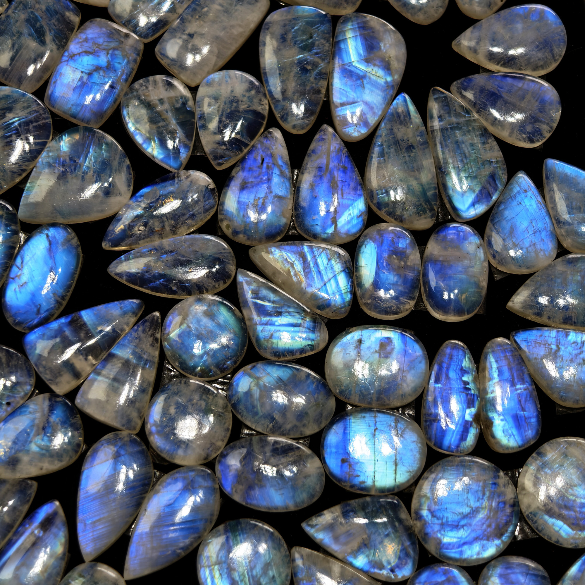 Blue Sheen Rainbow Moonstone Cabochon Matching Pair 19XX Cts 16x16x4mm 31x14x4mm