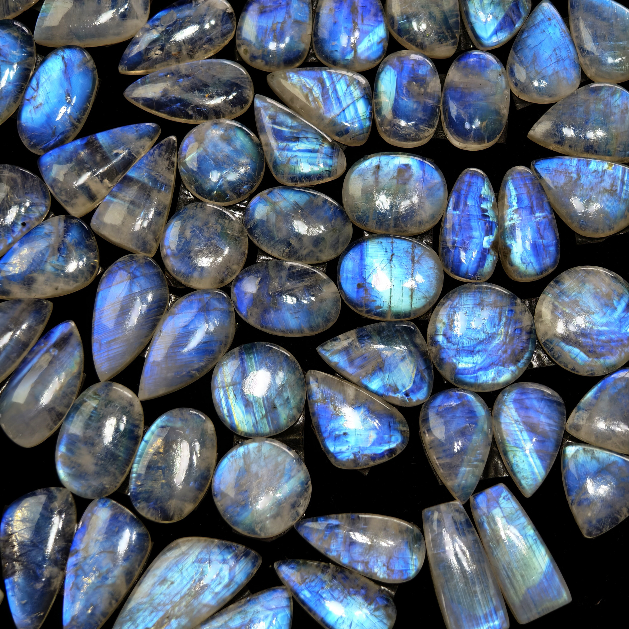 Blue Sheen Rainbow Moonstone Cabochon Matching Pair 19XX Cts 16x16x4mm 31x14x4mm
